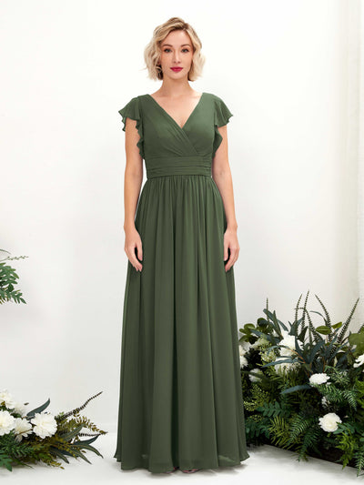 Carlyna A-Linien-Kleid V-Ausschnitt Flatterärmel Bodenlang Brautjungfernkleid Martini-Olive #farbe_martini-olive