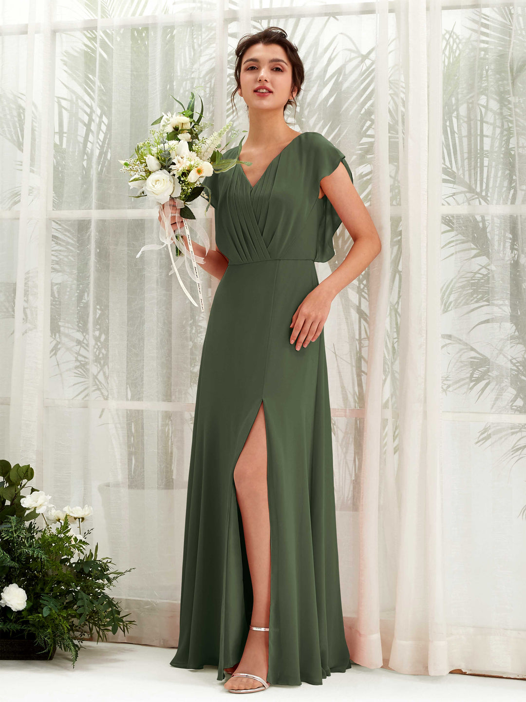 Carlyna A-Linien-Kleid V-Ausschnitt Flatterärmel Bodenlang Brautjungfernkleid Martini-Olive 