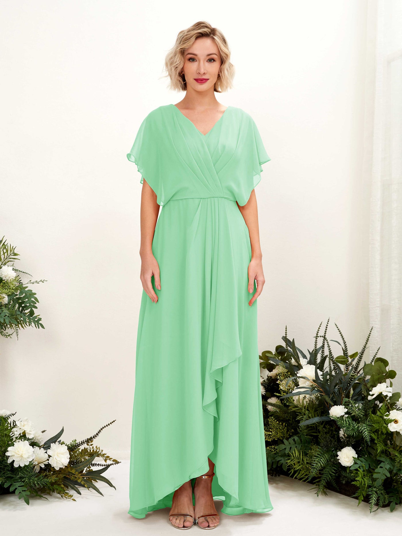 Carlyna A-Linien-Kleid V-Ausschnitt Flatterärmel Bodenlang Brautjungfernkleid Minzgrün #farbe_minzgr-n