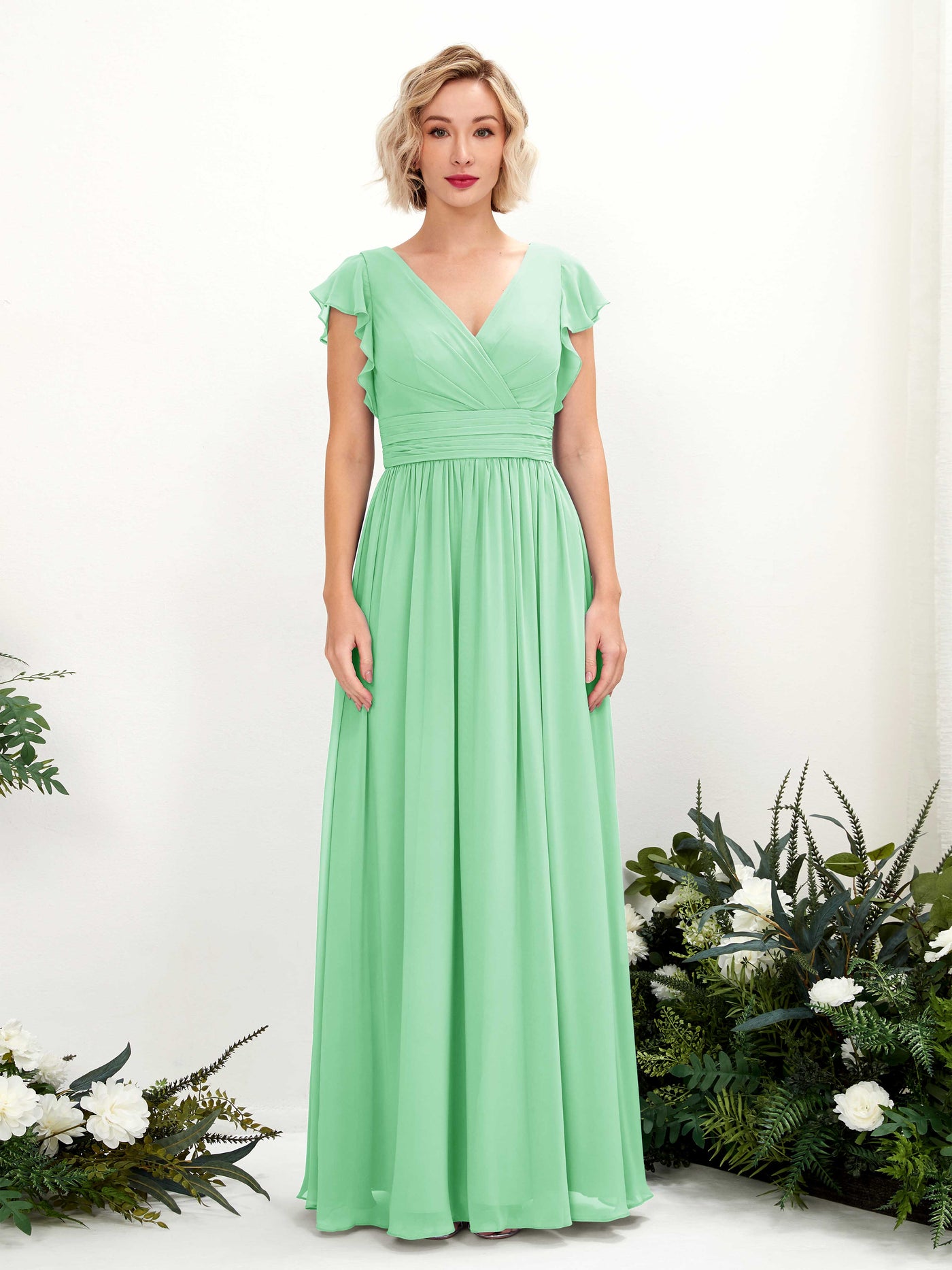 Carlyna A-Linien-Kleid V-Ausschnitt Flatterärmel Bodenlang Brautjungfernkleid Minzgrün #farbe_minzgr-n