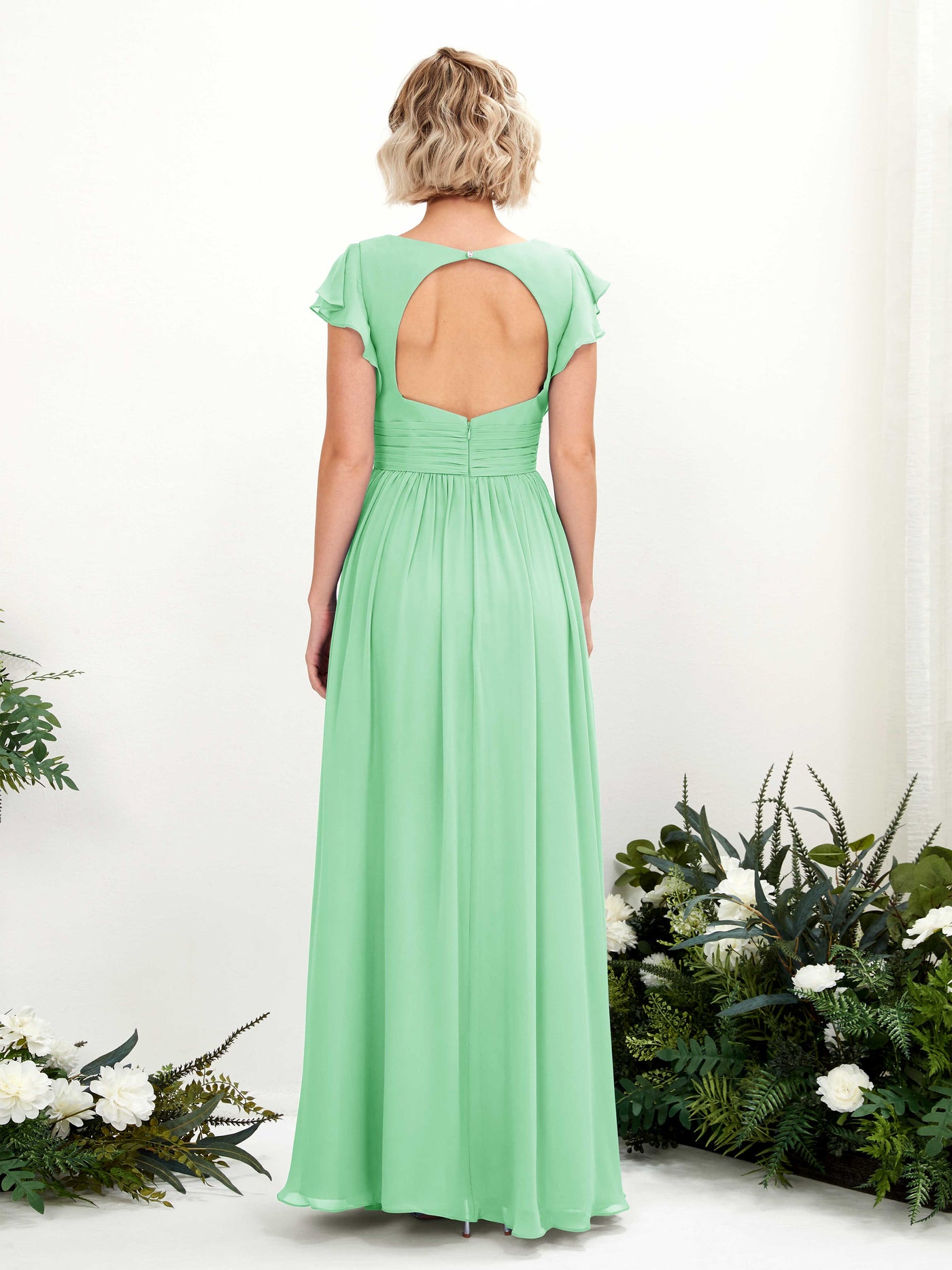 Carlyna A-Linien-Kleid V-Ausschnitt Flatterärmel Bodenlang Brautjungfernkleid Minzgrün #farbe_minzgr-n