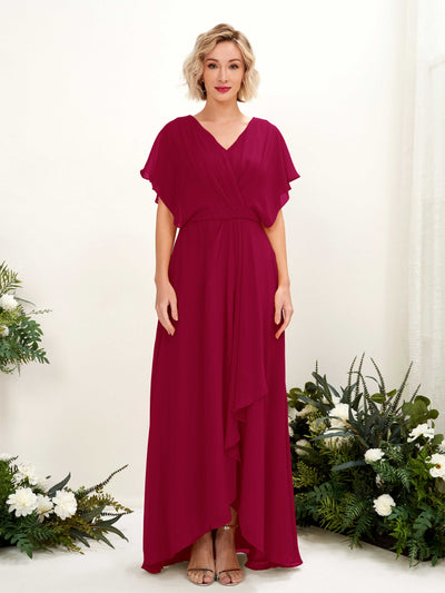 Carlyna A-Linien-Kleid V-Ausschnitt Flatterärmel Bodenlang Brautjungfernkleid Narrenrot #farbe_narrenrot