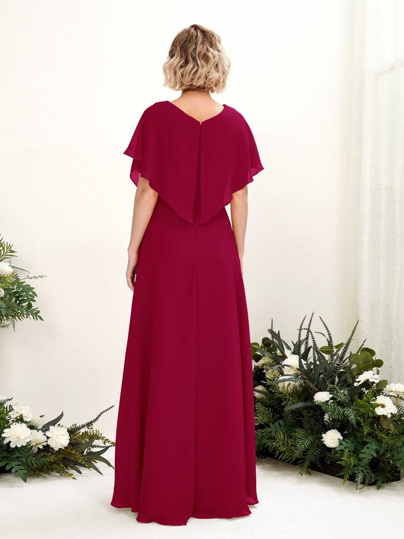 Carlyna A-Linien-Kleid V-Ausschnitt Flatterärmel Bodenlang Brautjungfernkleid Narrenrot #farbe_narrenrot