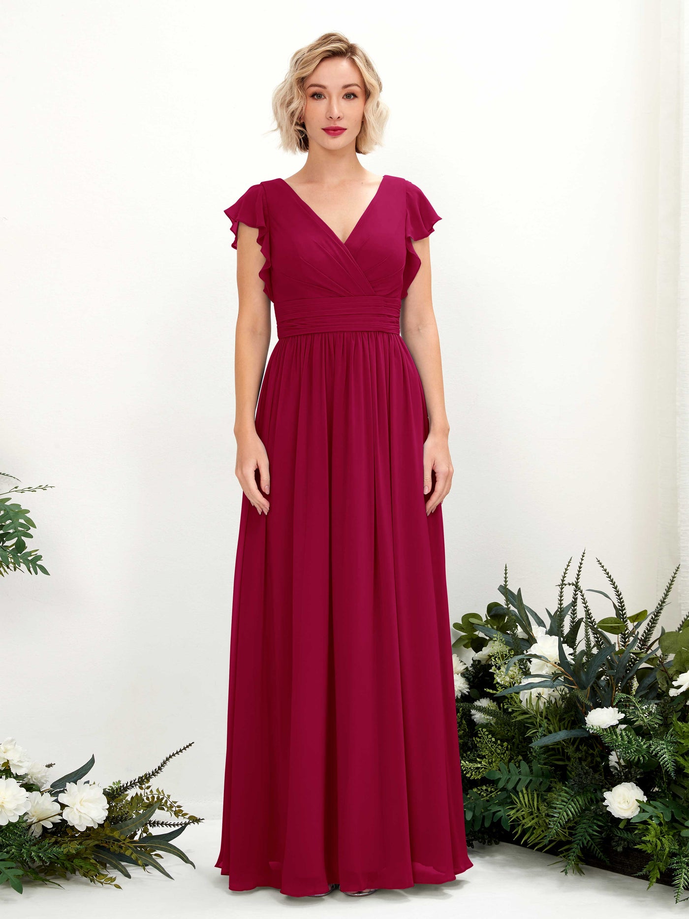 Carlyna A-Linien-Kleid V-Ausschnitt Flatterärmel Bodenlang Brautjungfernkleid Narrenrot #farbe_narrenrot