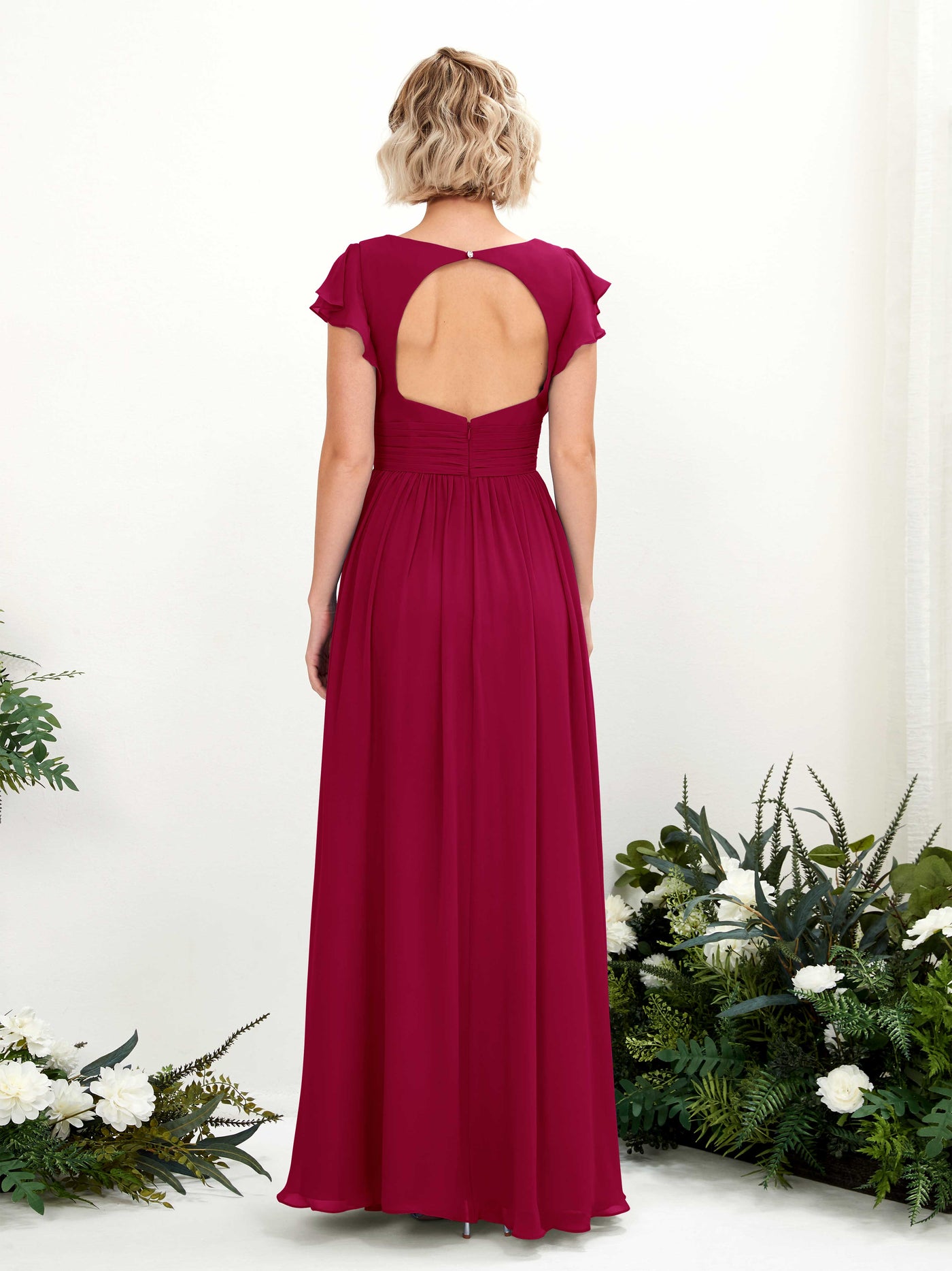 Carlyna A-Linien-Kleid V-Ausschnitt Flatterärmel Bodenlang Brautjungfernkleid Narrenrot #farbe_narrenrot