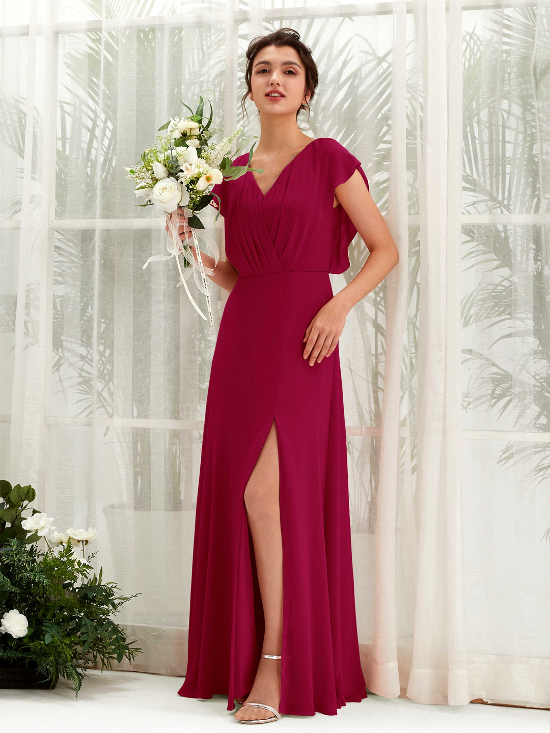 Carlyna A-Linien-Kleid V-Ausschnitt Flatterärmel Bodenlang Brautjungfernkleid Narrenrot 