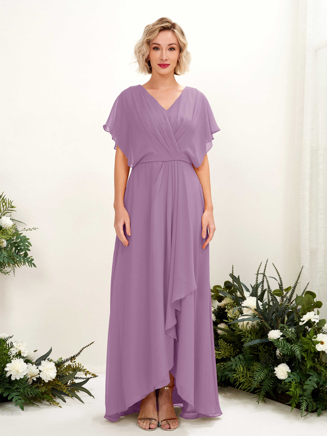Carlyna A-Linien-Kleid V-Ausschnitt Flatterärmel Bodenlang Brautjungfernkleid Orchideen-Nebel 