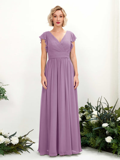 Carlyna A-Linien-Kleid V-Ausschnitt Flatterärmel Bodenlang Brautjungfernkleid Orchideen-Nebel #farbe_orchideen-nebel