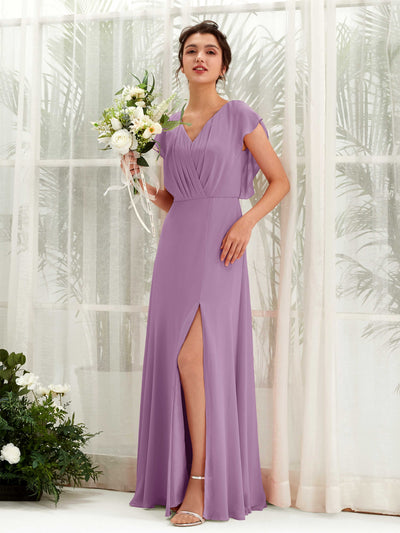 Carlyna A-Linien-Kleid V-Ausschnitt Flatterärmel Bodenlang Brautjungfernkleid Orchideen-Nebel #farbe_orchideen-nebel