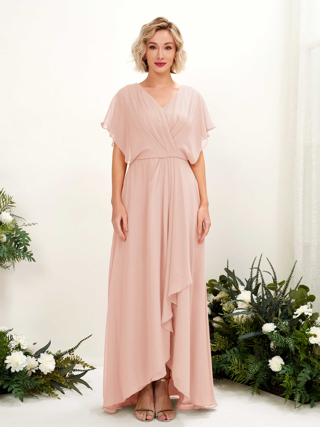 Carlyna A-Linien-Kleid V-Ausschnitt Flatterärmel Bodenlang Brautjungfernkleid Perlrosa 