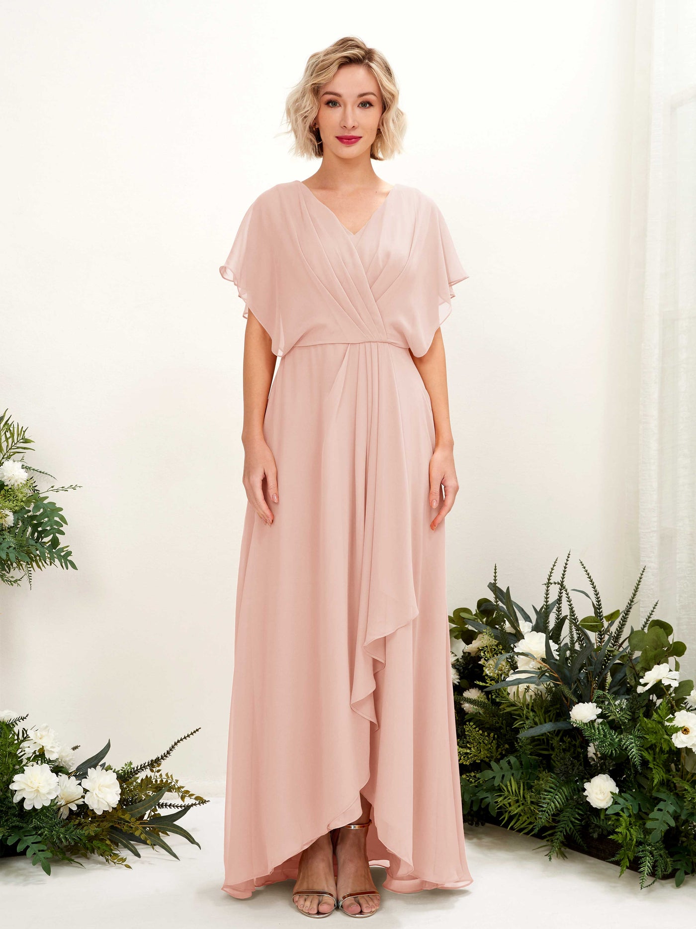 Carlyna A-Linien-Kleid V-Ausschnitt Flatterärmel Bodenlang Brautjungfernkleid Perlrosa #farbe_perlrosa