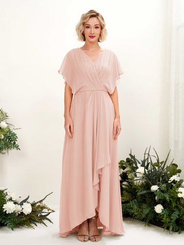 Carlyna A-Linien-Kleid V-Ausschnitt Flatterärmel Bodenlang Brautjungfernkleid Perlrosa #farbe_perlrosa