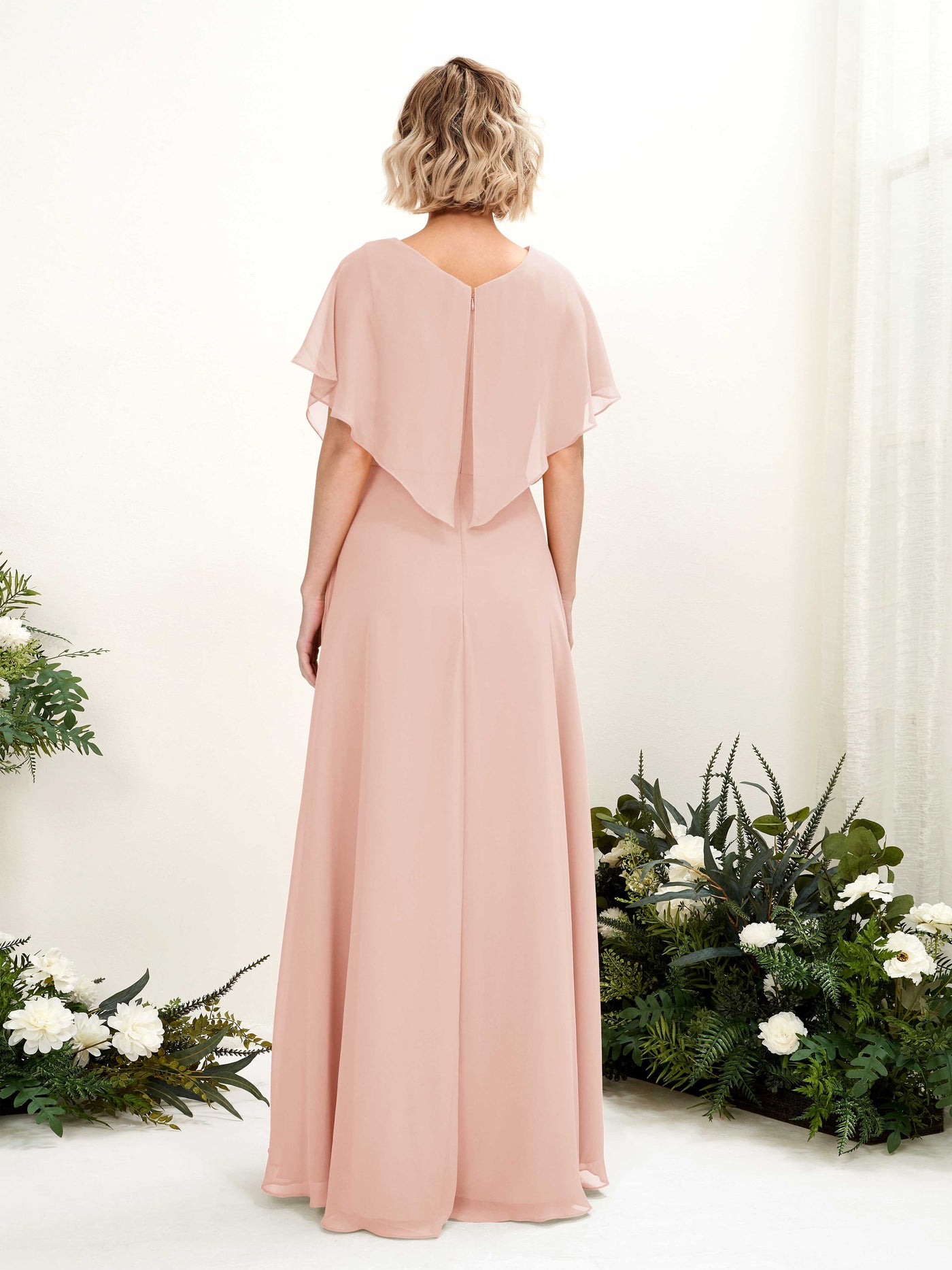 Carlyna A-Linien-Kleid V-Ausschnitt Flatterärmel Bodenlang Brautjungfernkleid Perlrosa #farbe_perlrosa