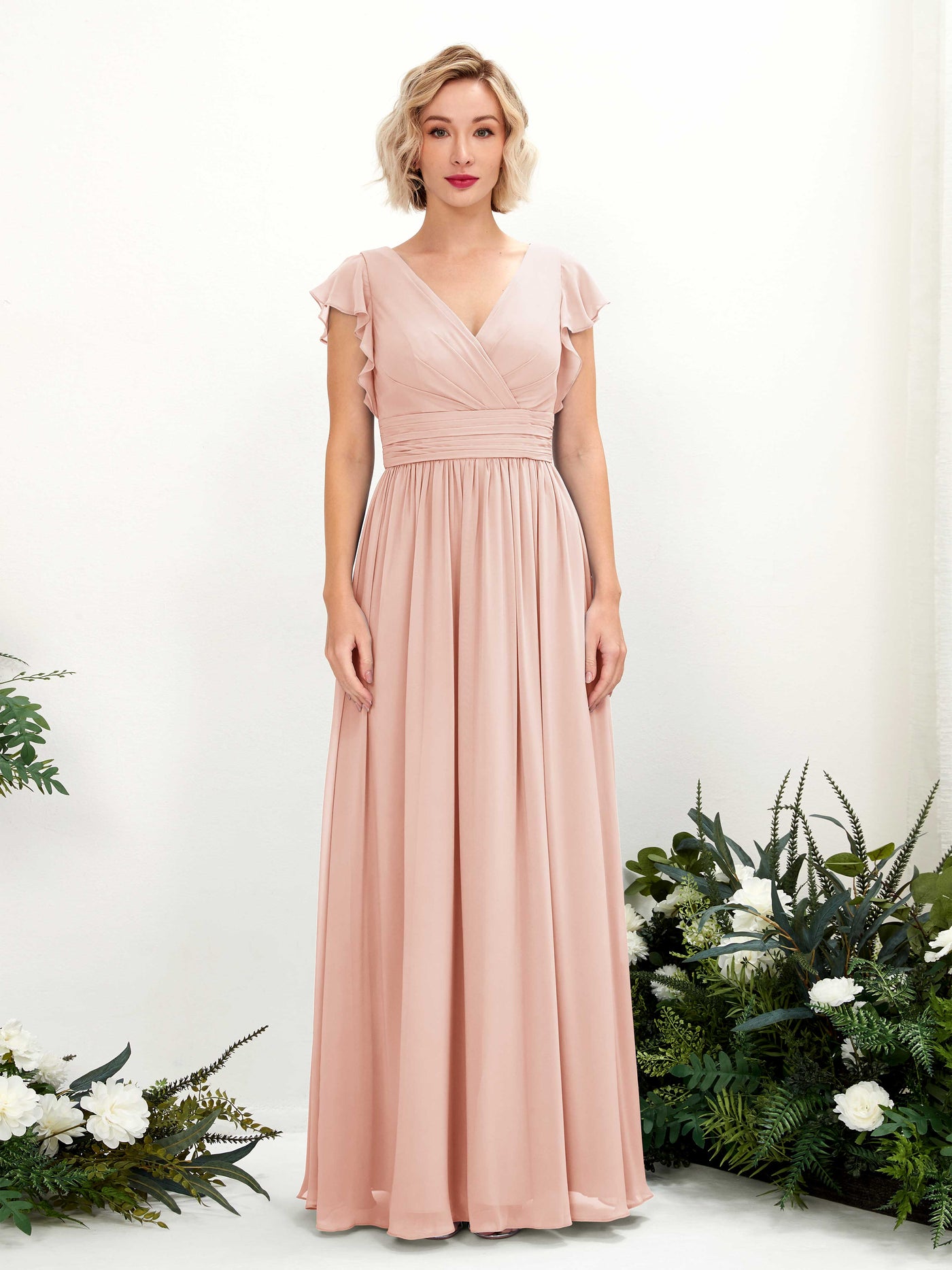 Carlyna A-Linien-Kleid V-Ausschnitt Flatterärmel Bodenlang Brautjungfernkleid Perlrosa #farbe_perlrosa