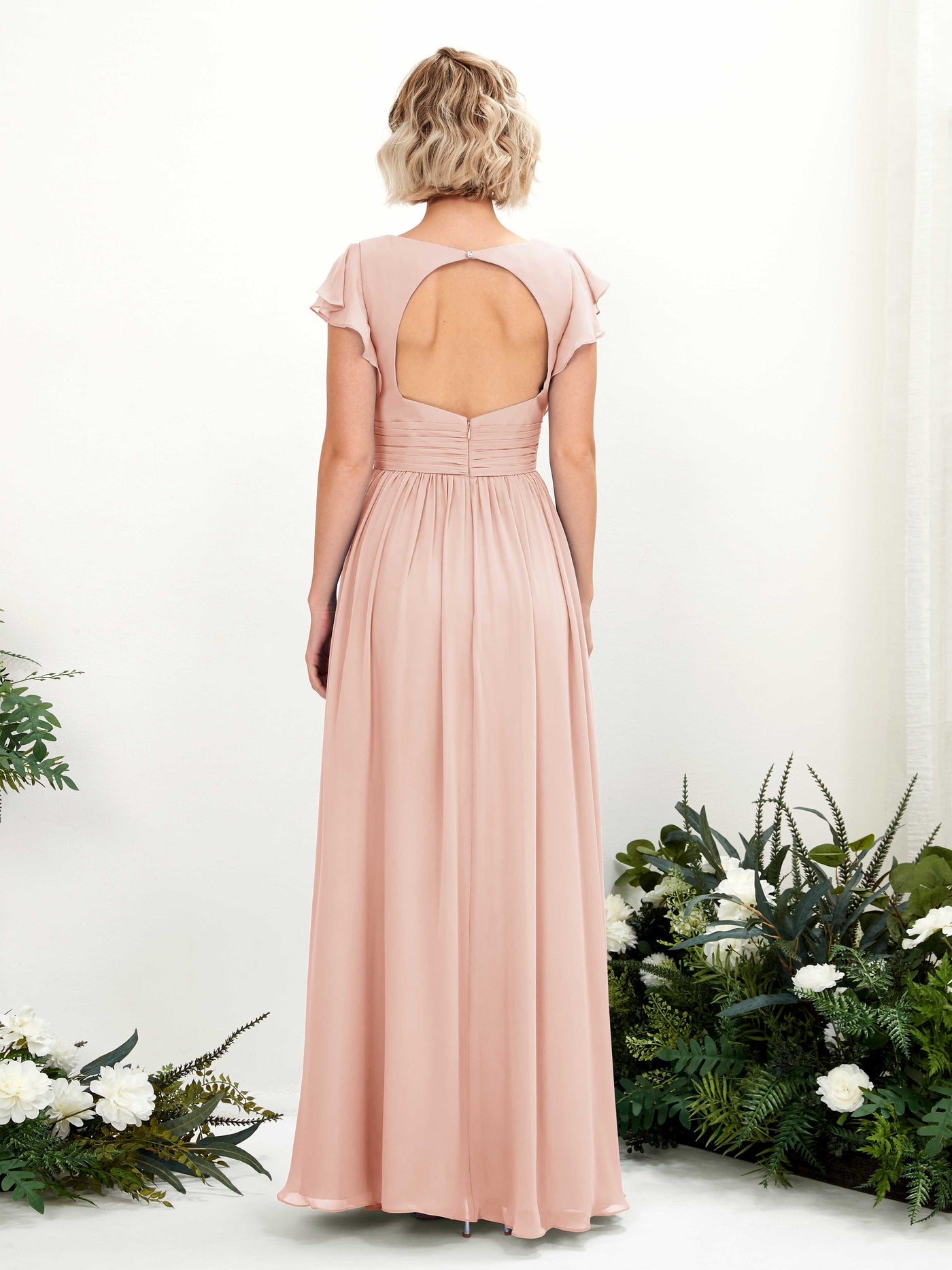 Carlyna A-Linien-Kleid V-Ausschnitt Flatterärmel Bodenlang Brautjungfernkleid Perlrosa #farbe_perlrosa