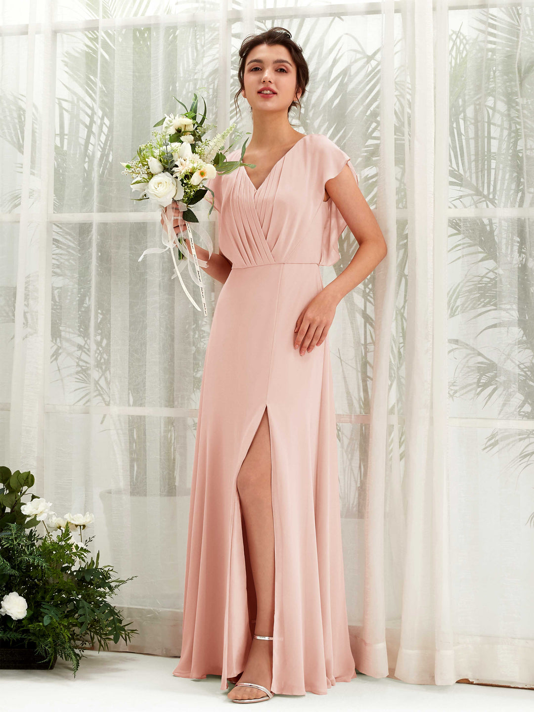 Carlyna A-Linien-Kleid V-Ausschnitt Flatterärmel Bodenlang Brautjungfernkleid Perlrosa 