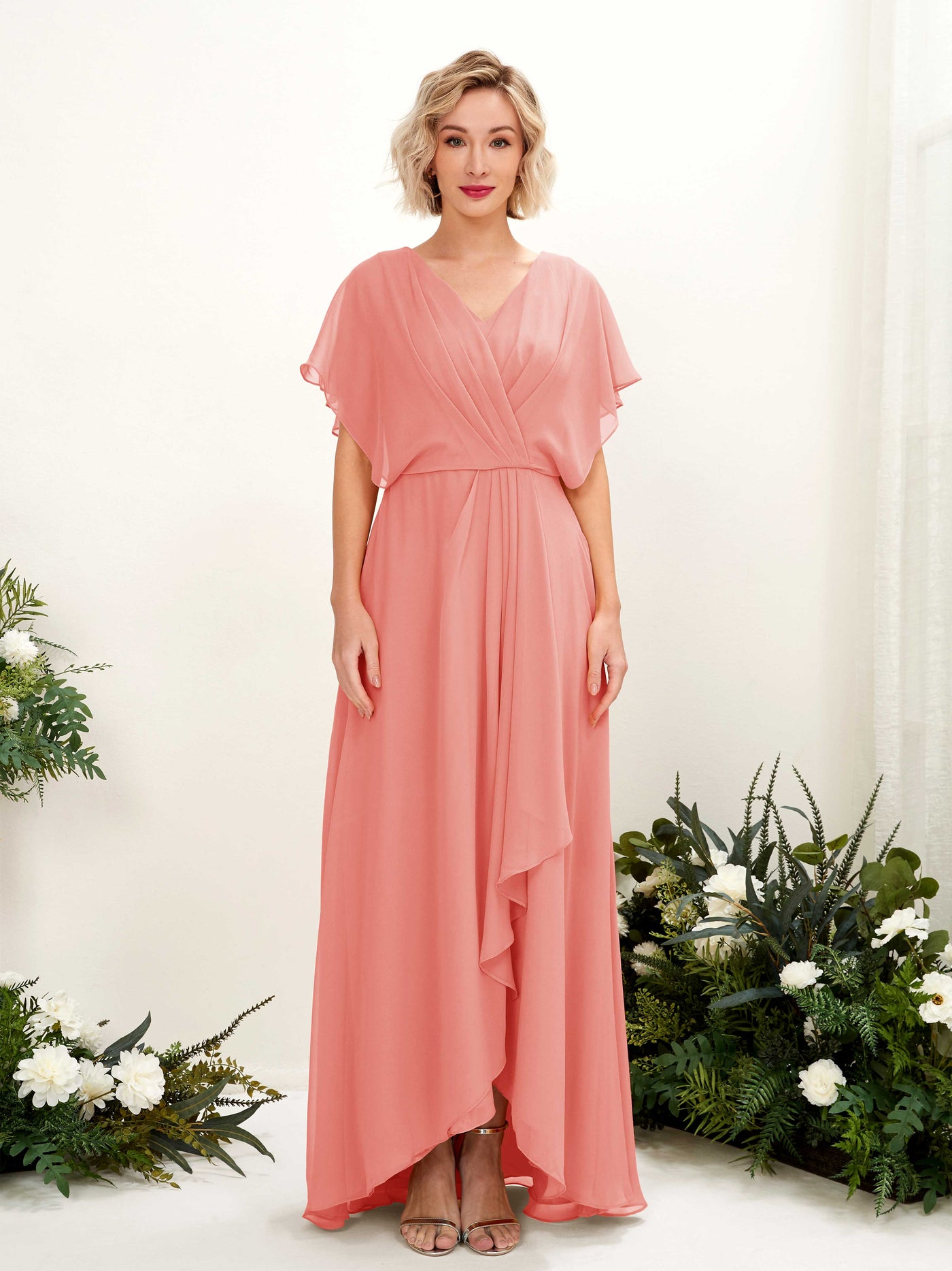 Carlyna A-Linien-Kleid V-Ausschnitt Flatterärmel Bodenlang Brautjungfernkleid Pfirsichrosa #farbe_pfirsichrosa