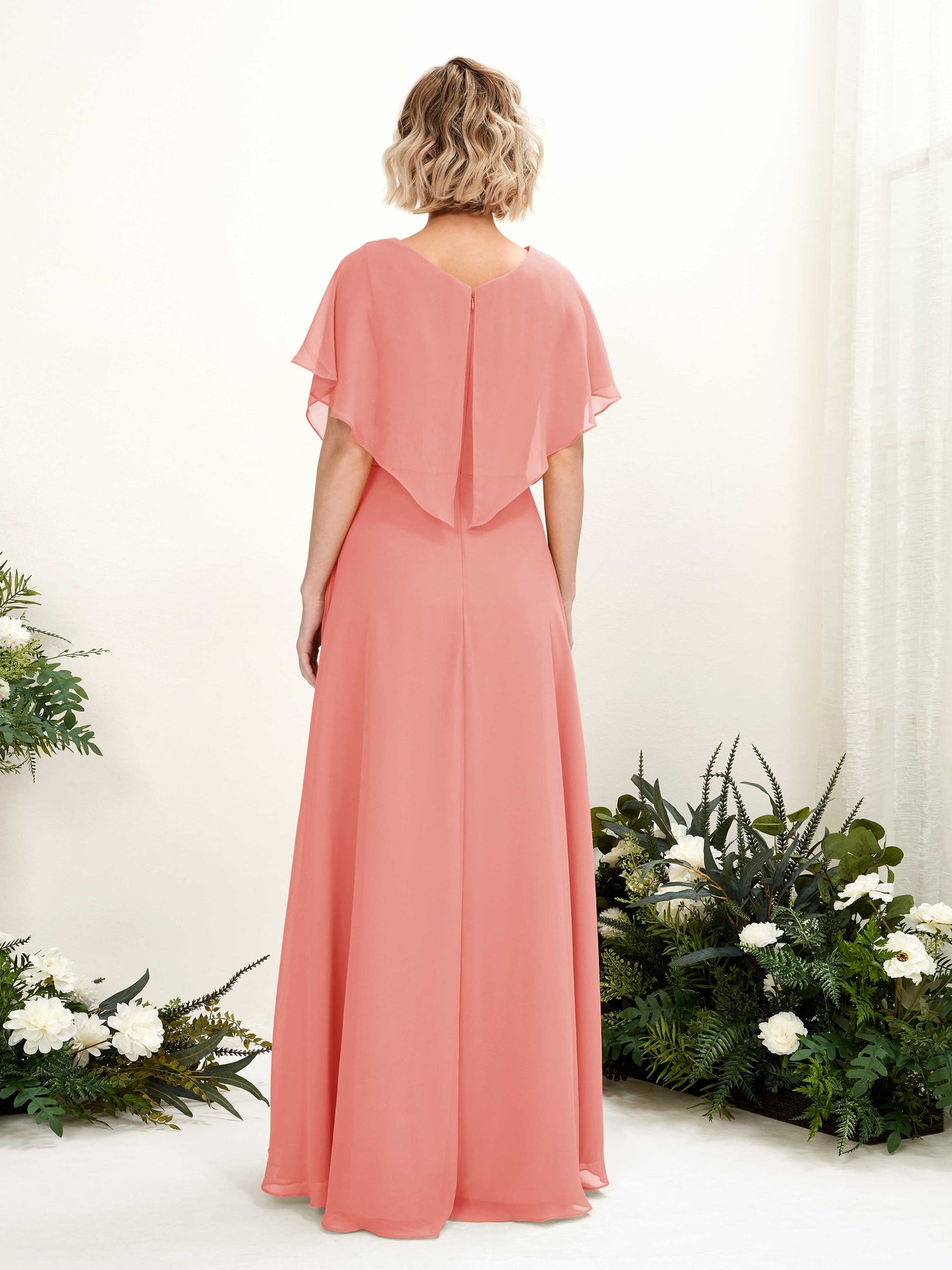 Carlyna A-Linien-Kleid V-Ausschnitt Flatterärmel Bodenlang Brautjungfernkleid Pfirsichrosa #farbe_pfirsichrosa