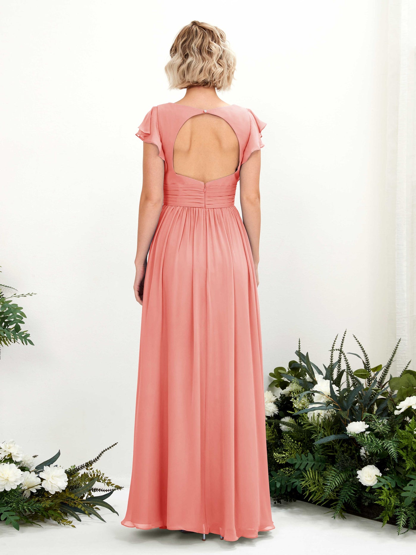 Carlyna A-Linien-Kleid V-Ausschnitt Flatterärmel Bodenlang Brautjungfernkleid Pfirsichrosa #farbe_pfirsichrosa
