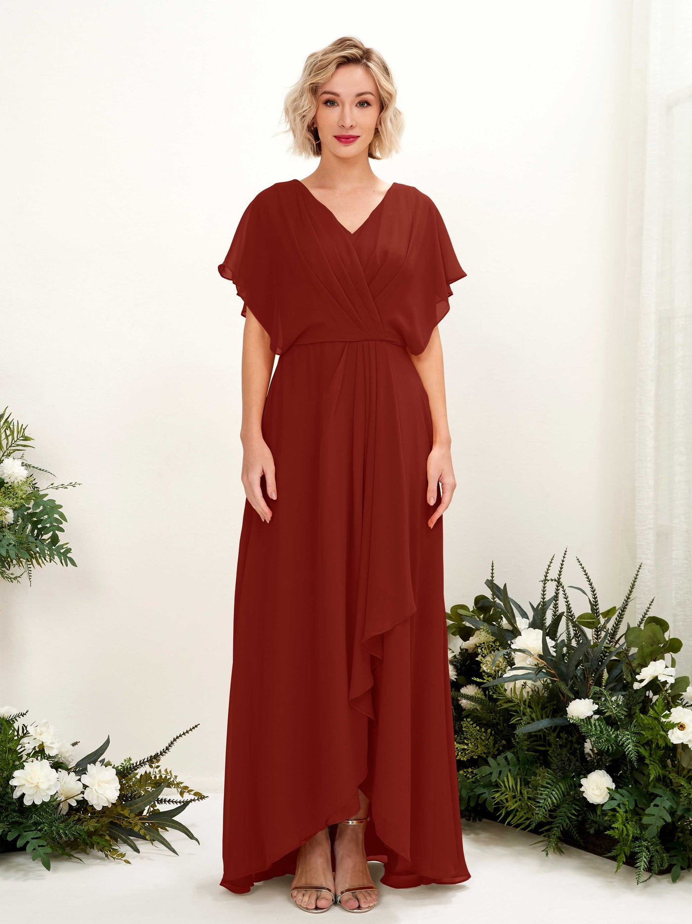 Carlyna A-Linien-Kleid V-Ausschnitt Flatterärmel Bodenlang Brautjungfernkleid Rostrot #farbe_rostrot
