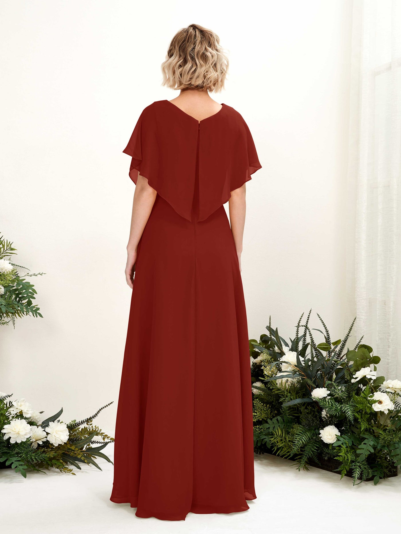 Carlyna A-Linien-Kleid V-Ausschnitt Flatterärmel Bodenlang Brautjungfernkleid Rostrot #farbe_rostrot
