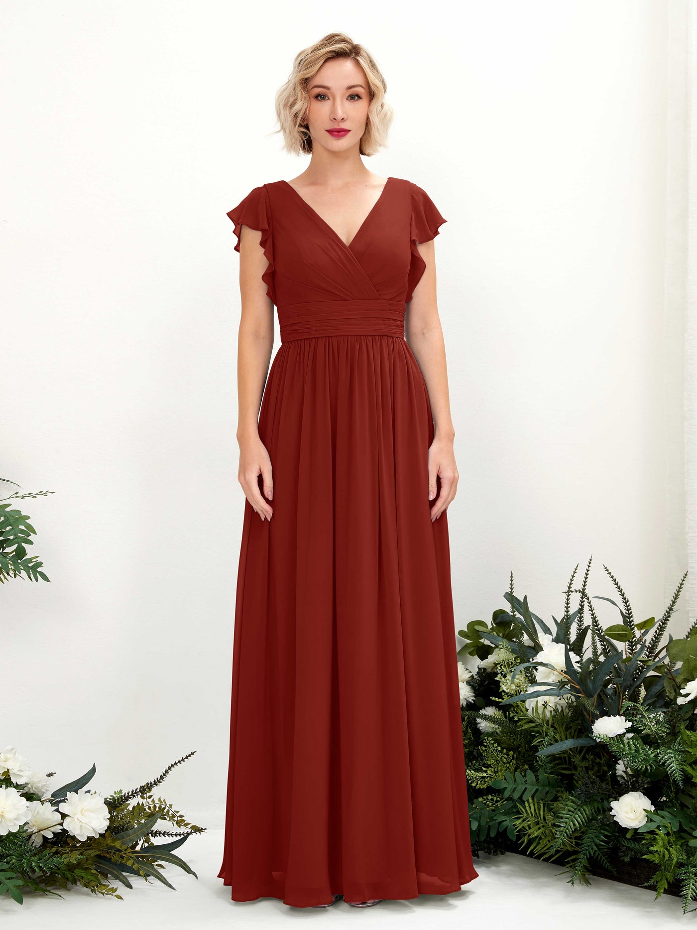 Carlyna A-Linien-Kleid V-Ausschnitt Flatterärmel Bodenlang Brautjungfernkleid Rostrot #farbe_rostrot