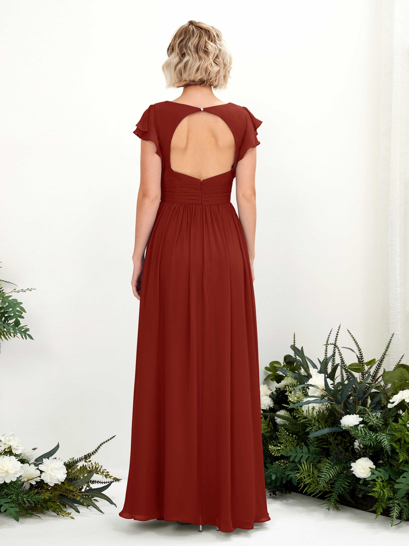 Carlyna A-Linien-Kleid V-Ausschnitt Flatterärmel Bodenlang Brautjungfernkleid Rostrot #farbe_rostrot