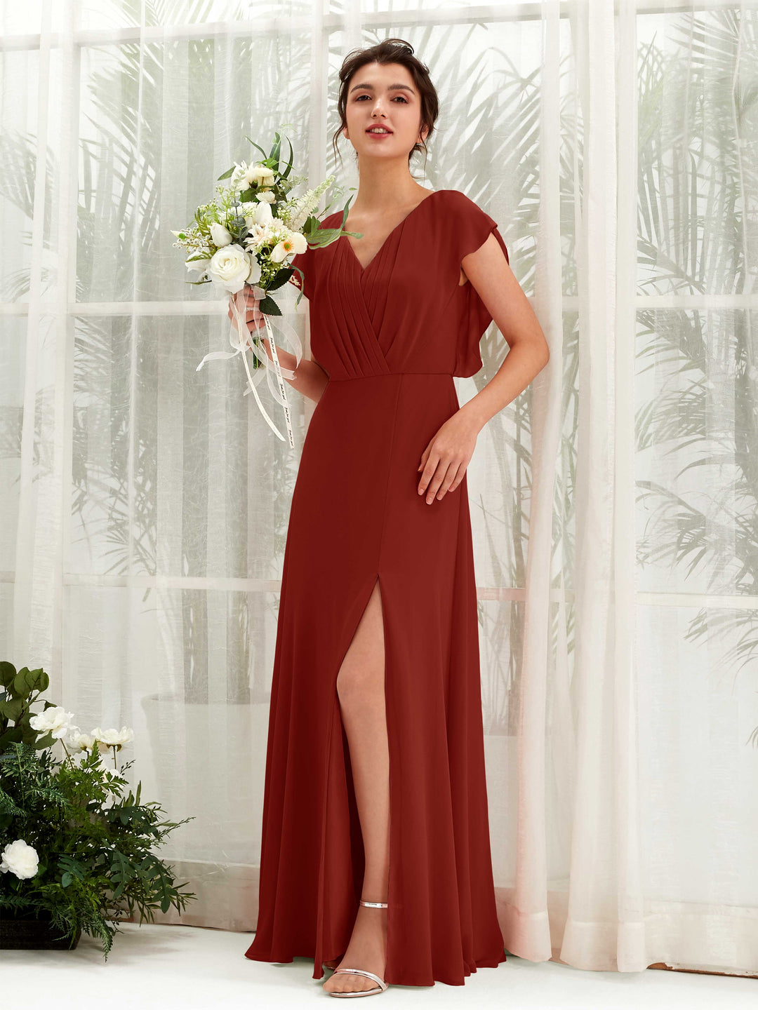 Carlyna A-Linien-Kleid V-Ausschnitt Flatterärmel Bodenlang Brautjungfernkleid Rostrot 