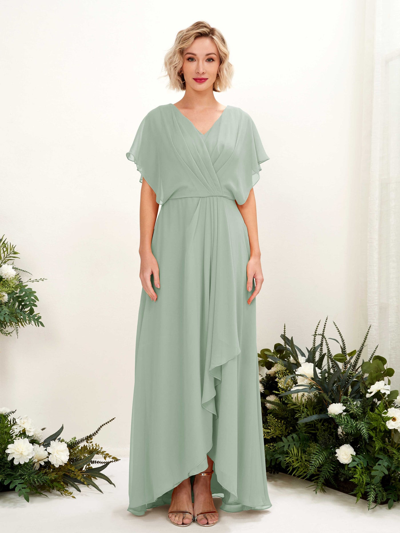 Carlyna A-Linien-Kleid V-Ausschnitt Flatterärmel Bodenlang Brautjungfernkleid Salbeigrün #farbe_salbeigr-n