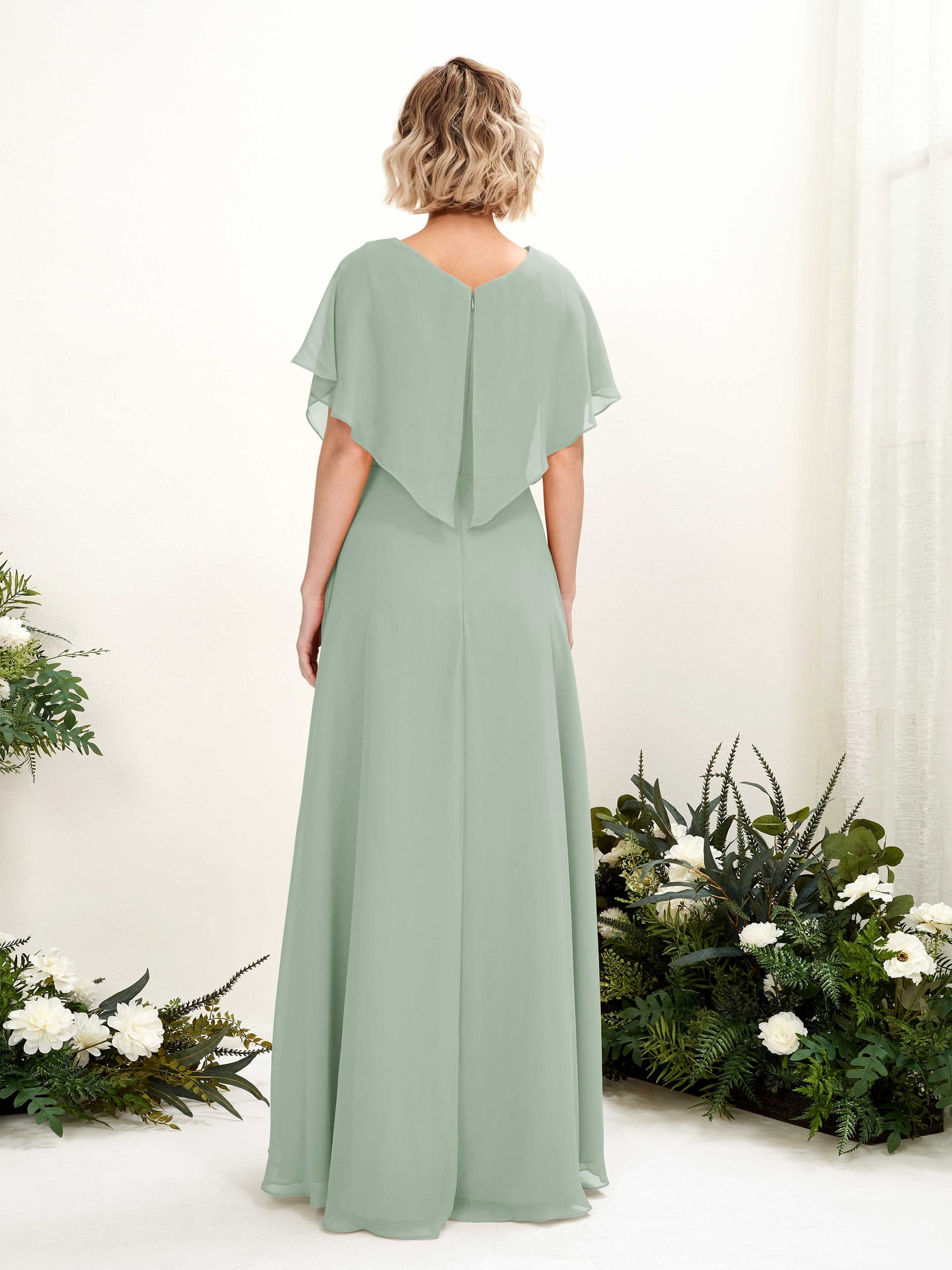 Carlyna A-Linien-Kleid V-Ausschnitt Flatterärmel Bodenlang Brautjungfernkleid Salbeigrün #farbe_salbeigr-n