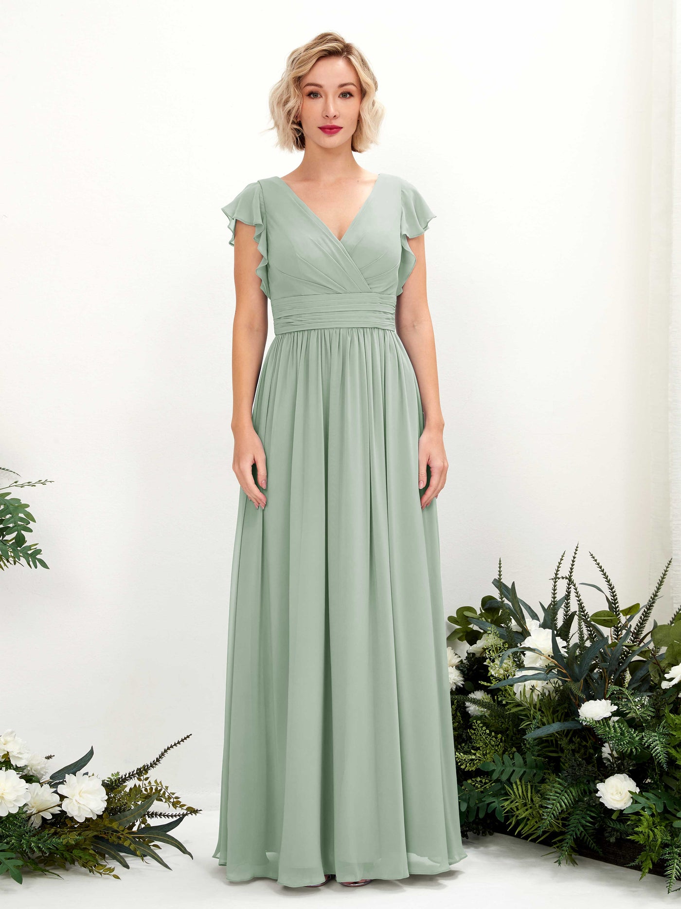 Carlyna A-Linien-Kleid V-Ausschnitt Flatterärmel Bodenlang Brautjungfernkleid Salbeigrün #farbe_salbeigr-n