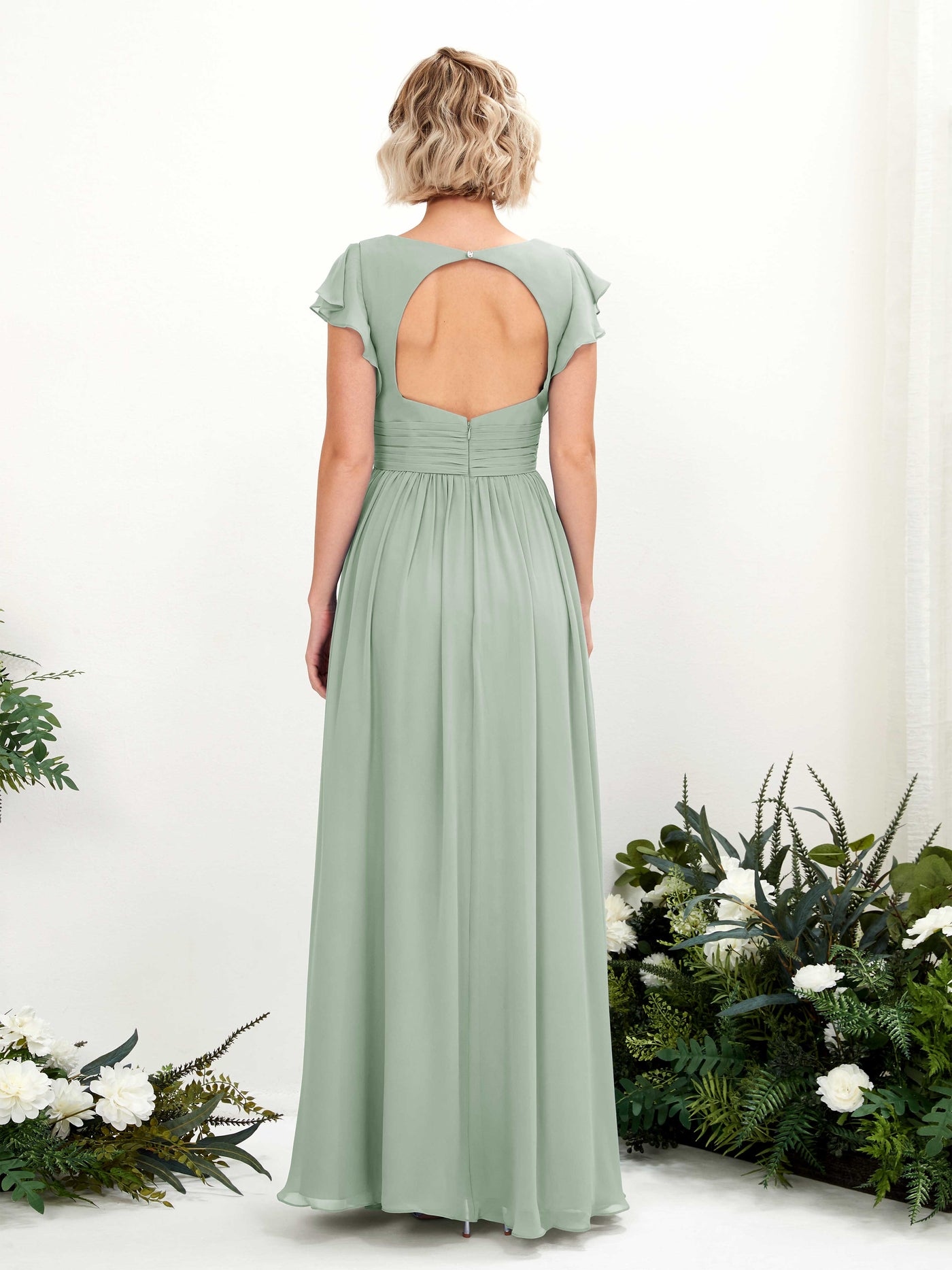Carlyna A-Linien-Kleid V-Ausschnitt Flatterärmel Bodenlang Brautjungfernkleid Salbeigrün #farbe_salbeigr-n