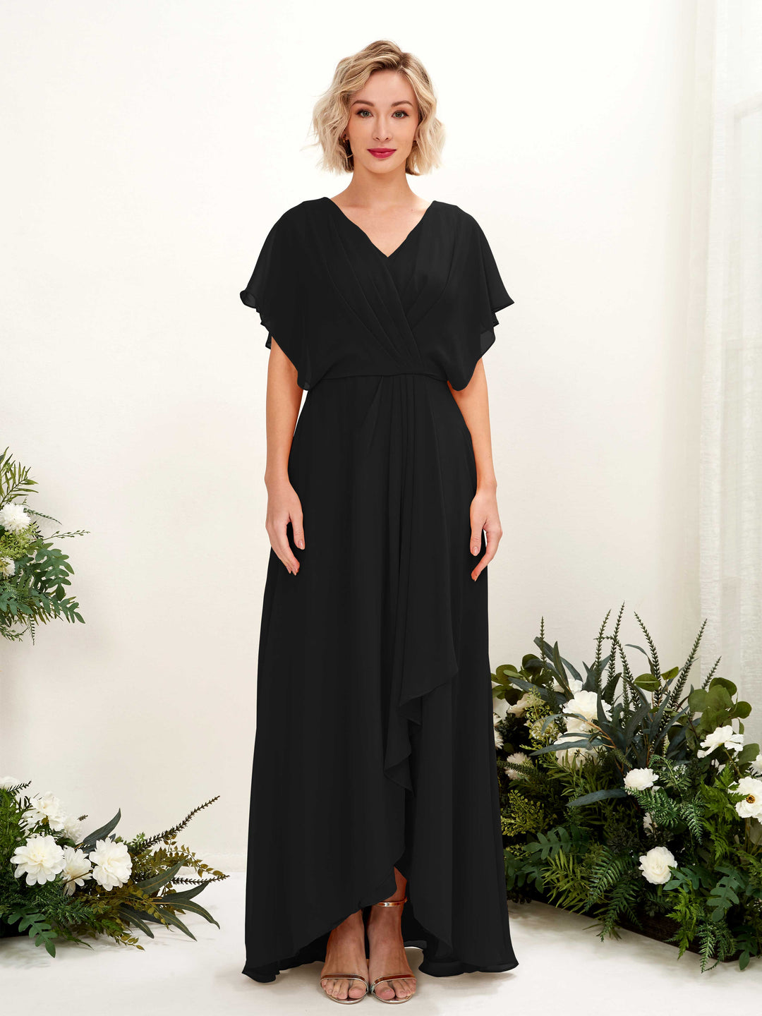Carlyna A-Linien-Kleid V-Ausschnitt Flatterärmel Bodenlang Brautjungfernkleid Schwarz 