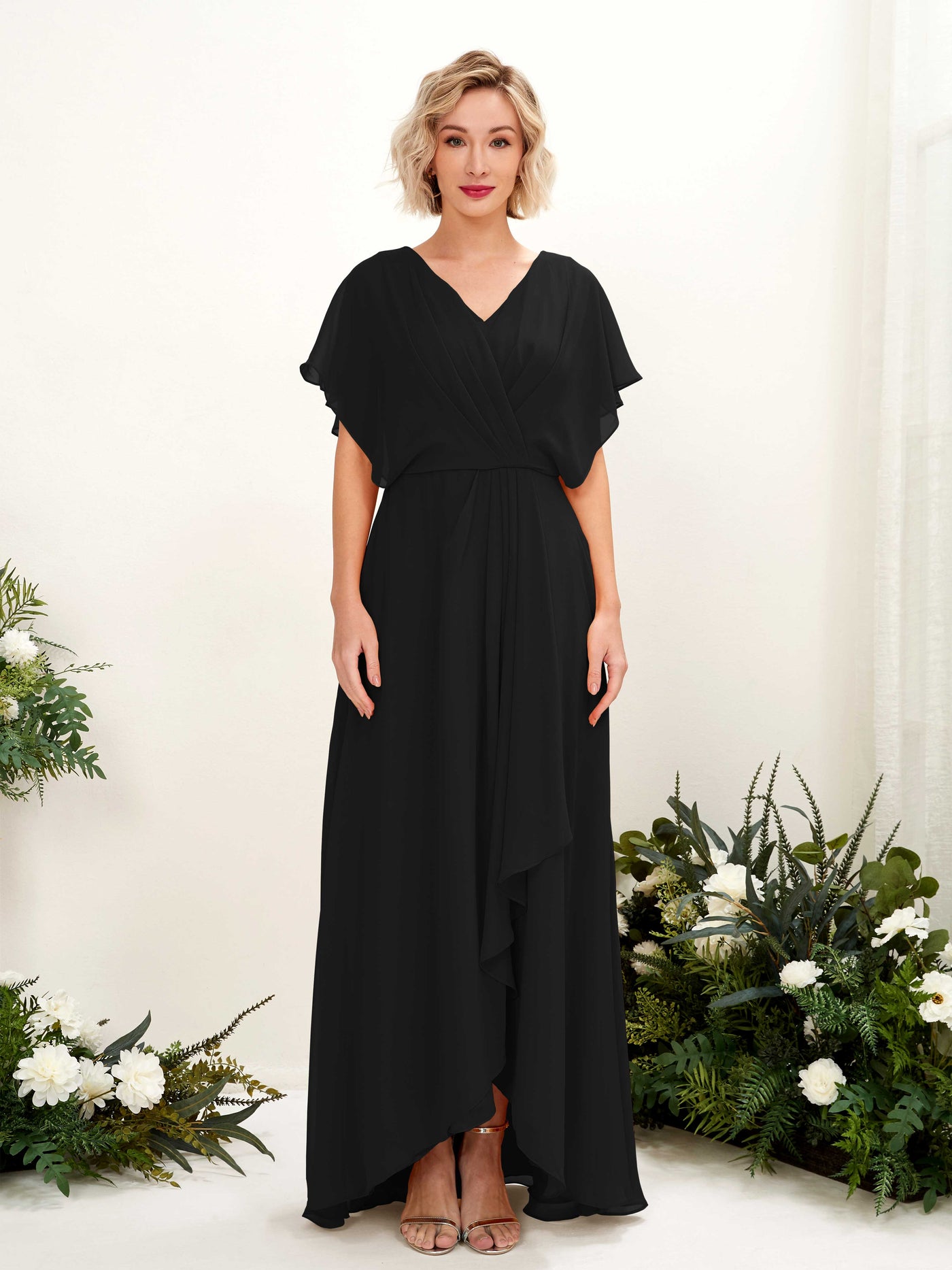 Carlyna A-Linien-Kleid V-Ausschnitt Flatterärmel Bodenlang Brautjungfernkleid Schwarz #farbe_schwarz