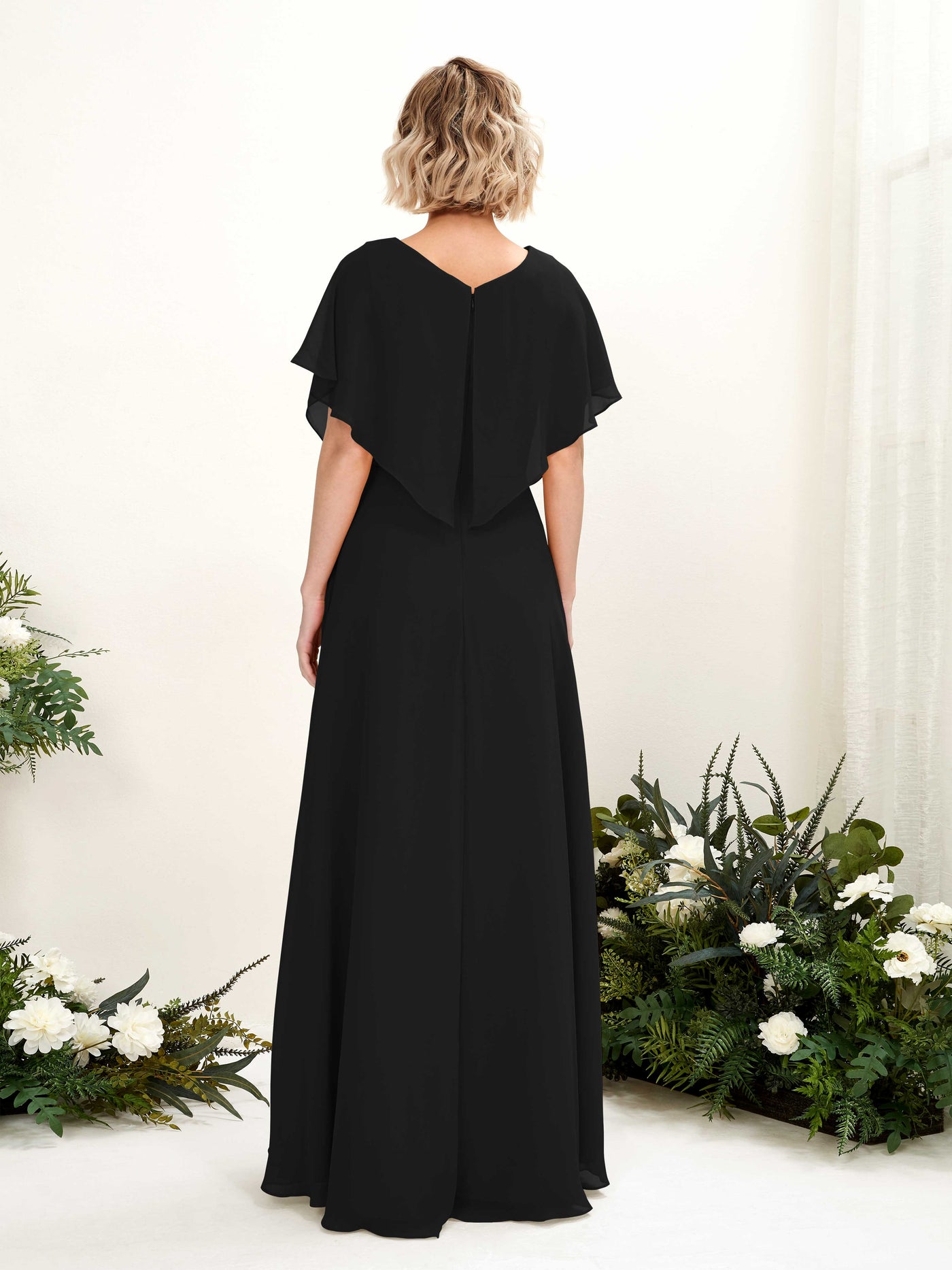Carlyna A-Linien-Kleid V-Ausschnitt Flatterärmel Bodenlang Brautjungfernkleid Schwarz #farbe_schwarz