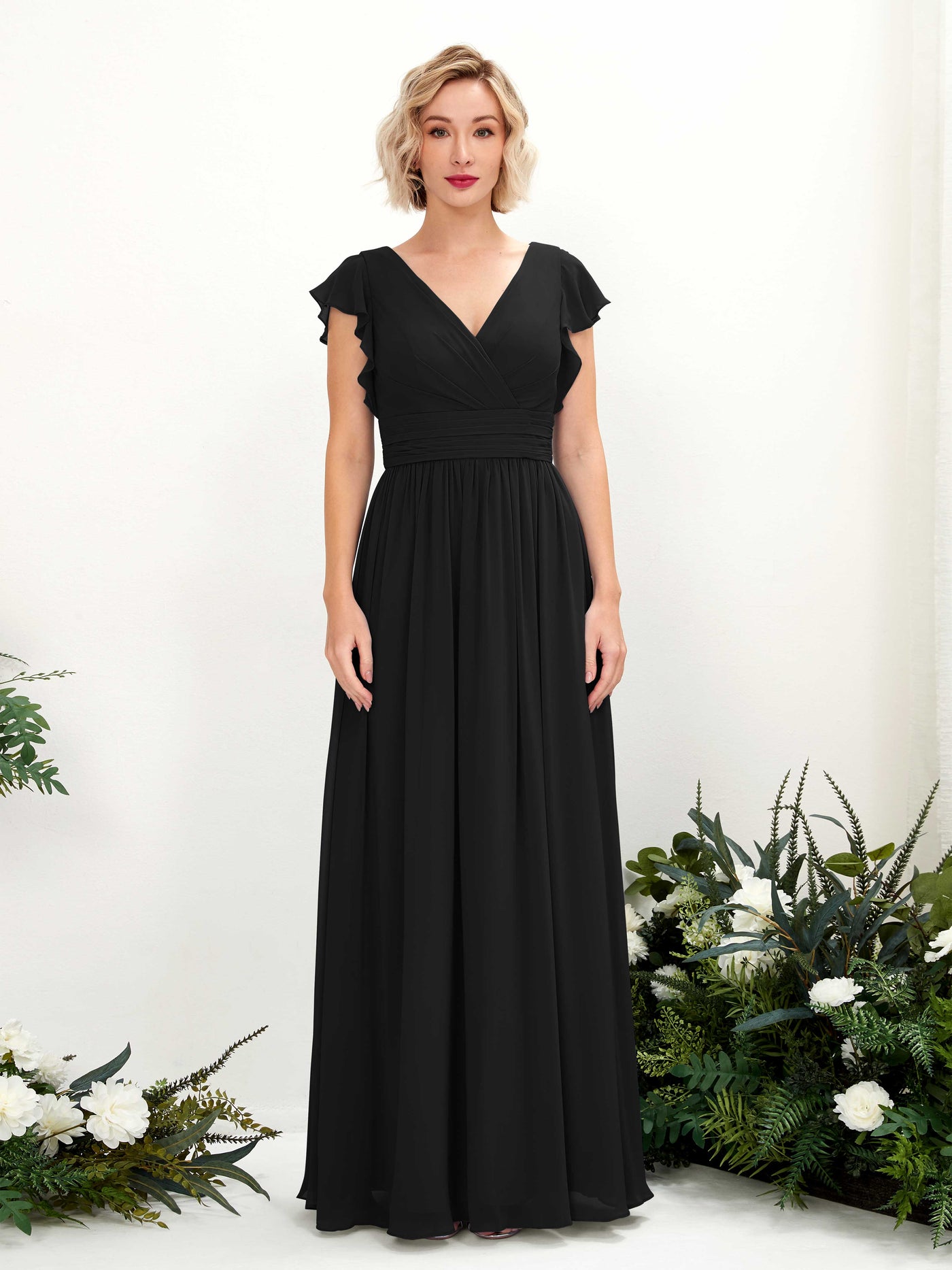 Carlyna A-Linien-Kleid V-Ausschnitt Flatterärmel Bodenlang Brautjungfernkleid Schwarz #farbe_schwarz