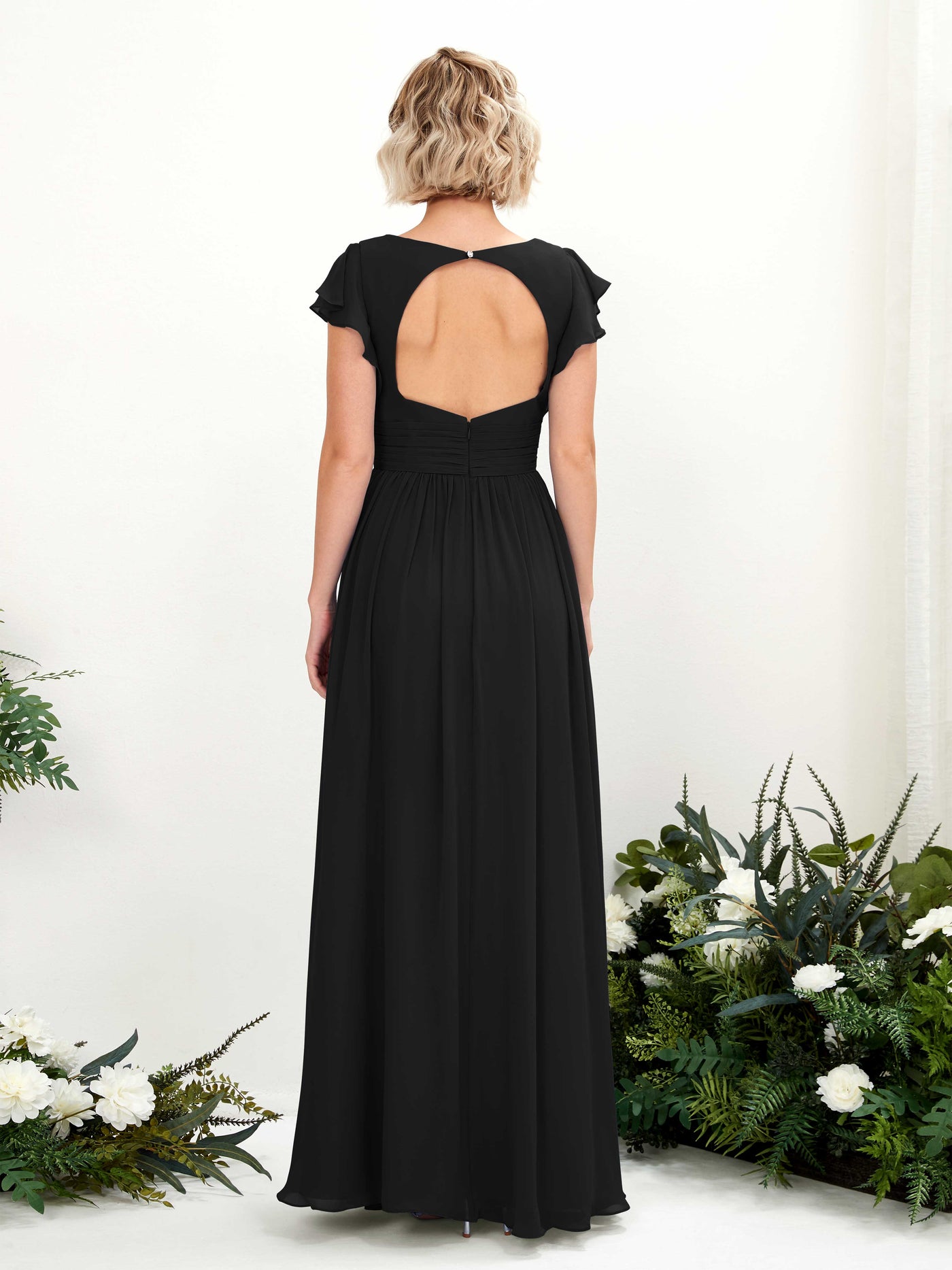 Carlyna A-Linien-Kleid V-Ausschnitt Flatterärmel Bodenlang Brautjungfernkleid Schwarz #farbe_schwarz