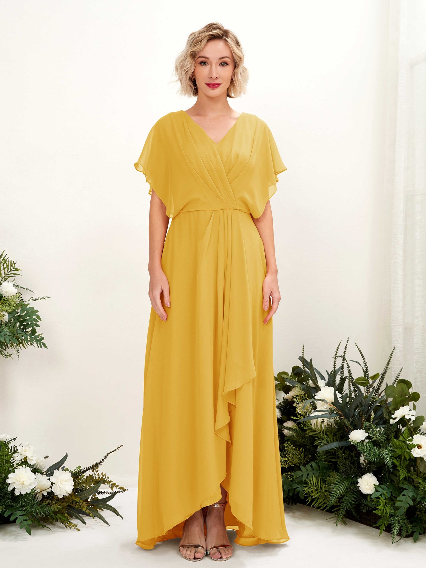 Carlyna A-Linien-Kleid V-Ausschnitt Flatterärmel Bodenlang Brautjungfernkleid Senfgelb #farbe_senfgelb