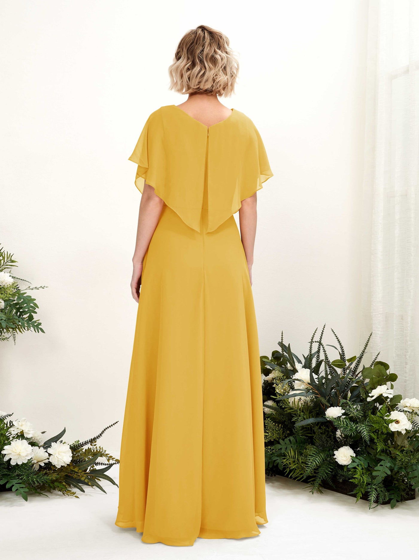 Carlyna A-Linien-Kleid V-Ausschnitt Flatterärmel Bodenlang Brautjungfernkleid Senfgelb #farbe_senfgelb
