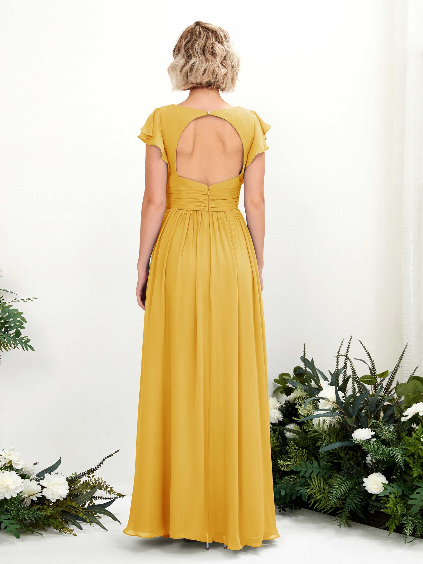 Carlyna A-Linien-Kleid V-Ausschnitt Flatterärmel Bodenlang Brautjungfernkleid Senfgelb #farbe_senfgelb