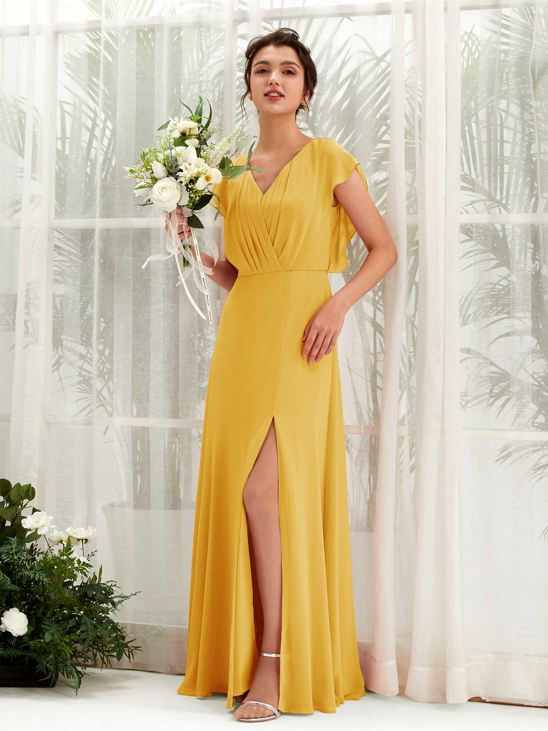 Carlyna A-Linien-Kleid V-Ausschnitt Flatterärmel Bodenlang Brautjungfernkleid Senfgelb 
