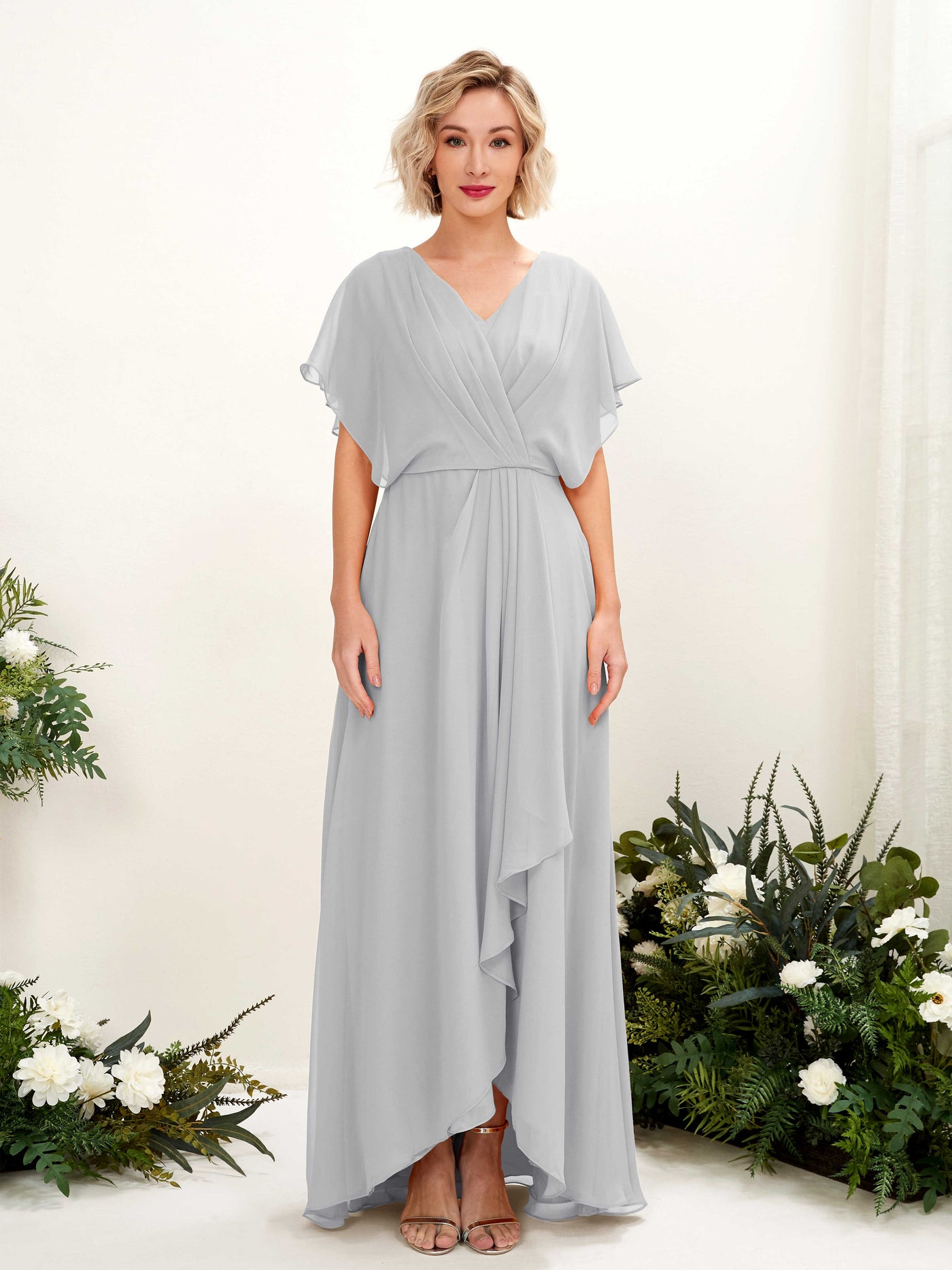 Carlyna A-Linien-Kleid V-Ausschnitt Flatterärmel Bodenlang Brautjungfernkleid Silber #farbe_silber