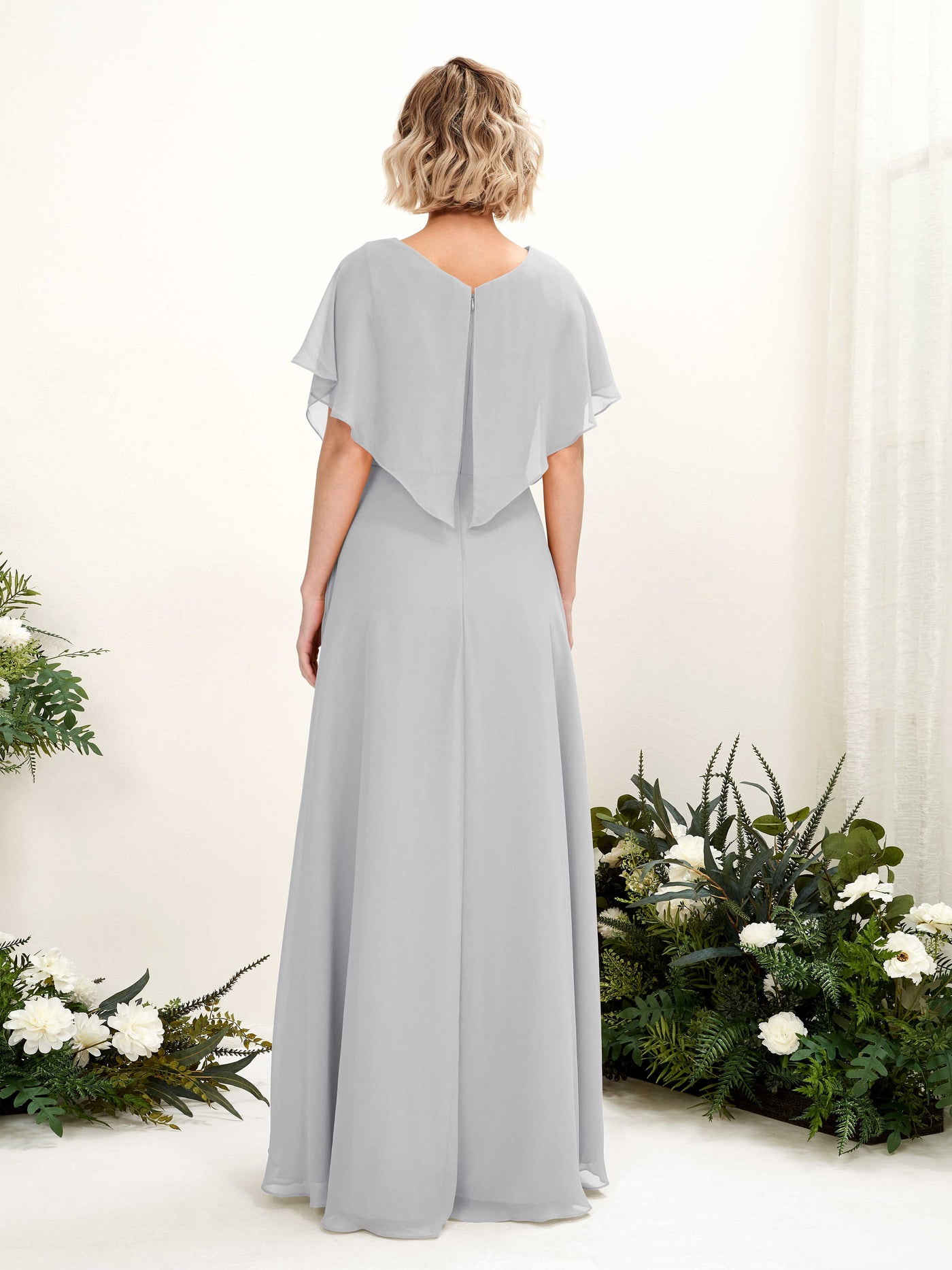 Carlyna A-Linien-Kleid V-Ausschnitt Flatterärmel Bodenlang Brautjungfernkleid Silber #farbe_silber