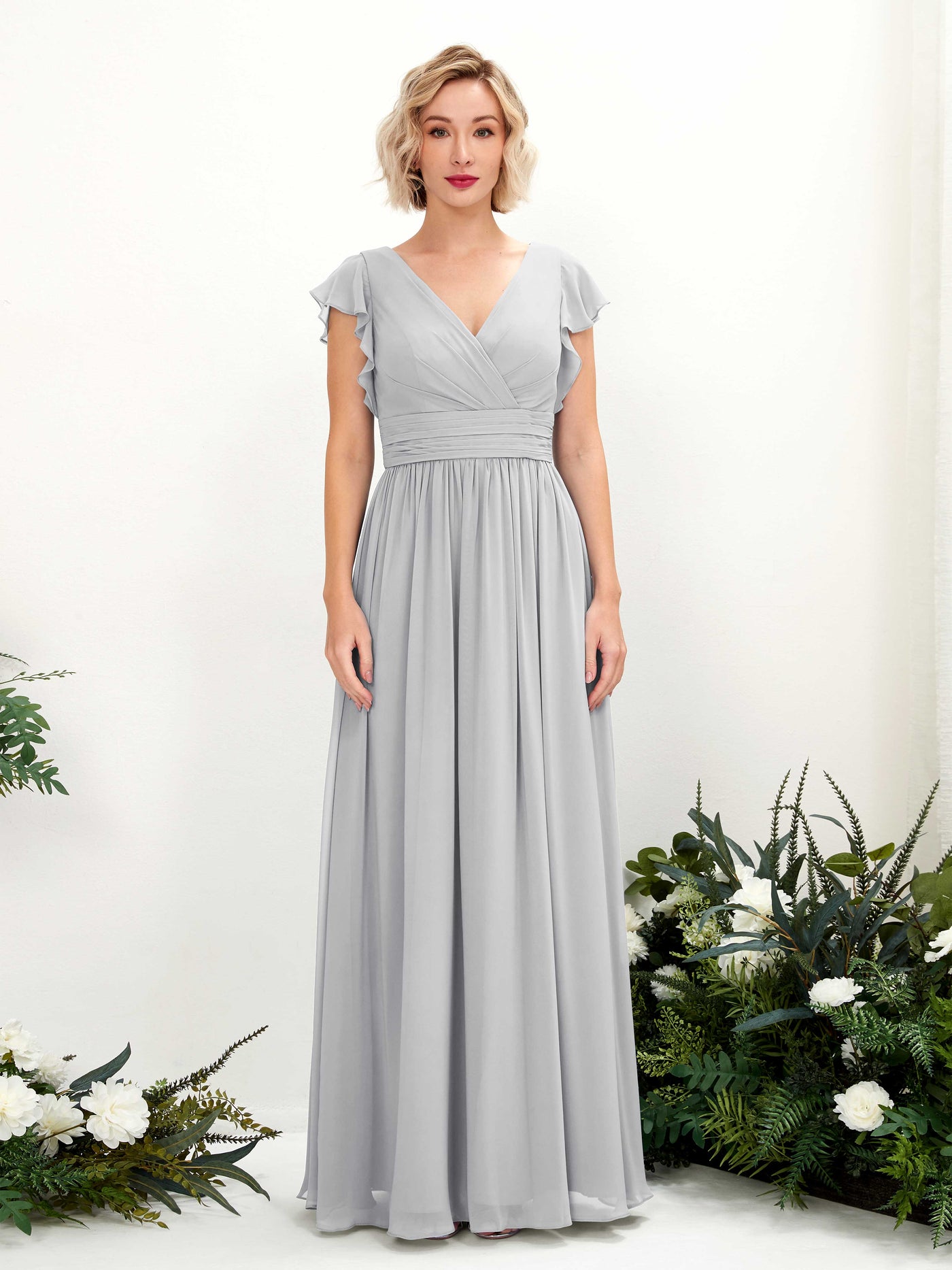 Carlyna A-Linien-Kleid V-Ausschnitt Flatterärmel Bodenlang Brautjungfernkleid Silber #farbe_silber