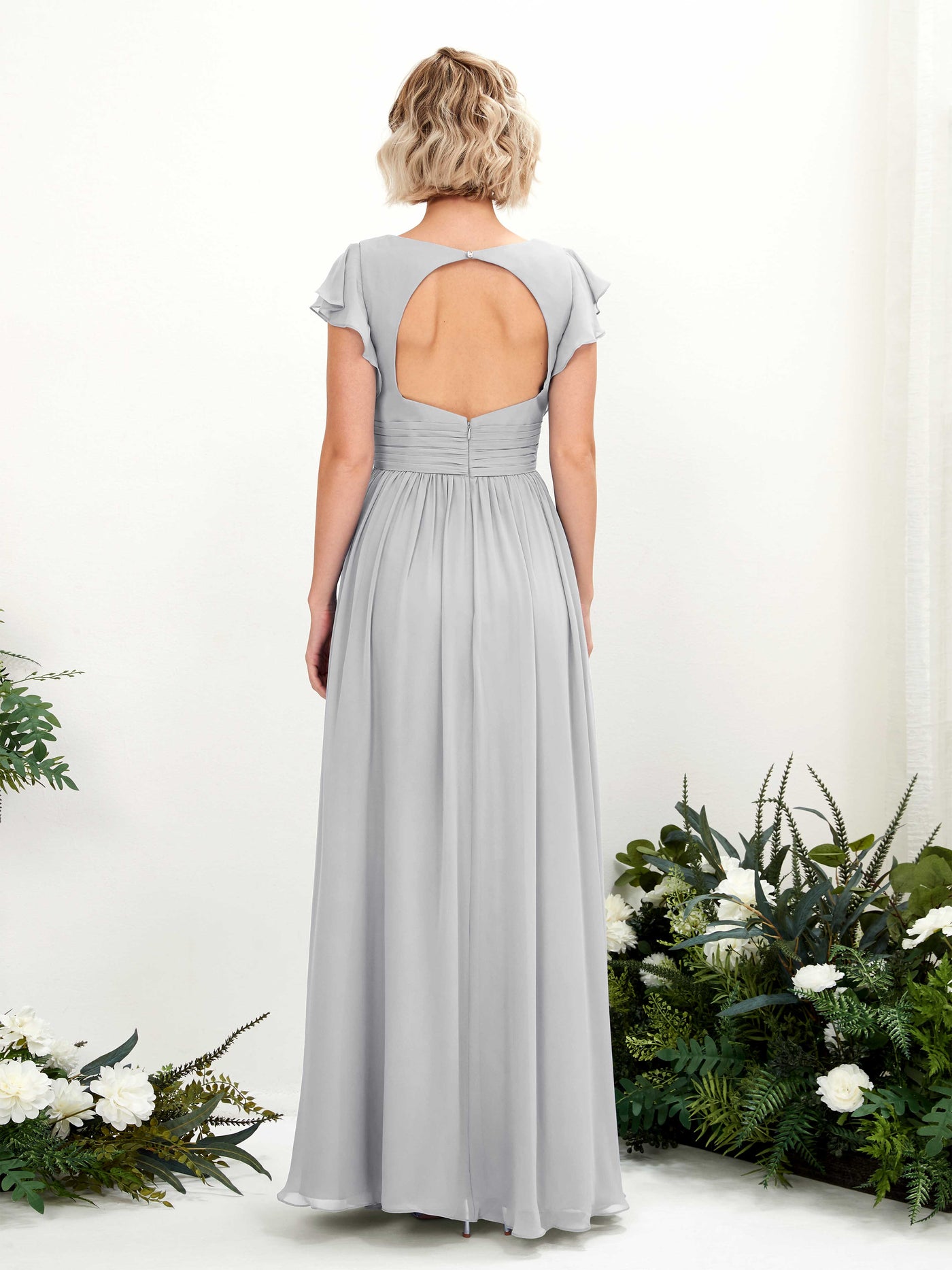 Carlyna A-Linien-Kleid V-Ausschnitt Flatterärmel Bodenlang Brautjungfernkleid Silber #farbe_silber