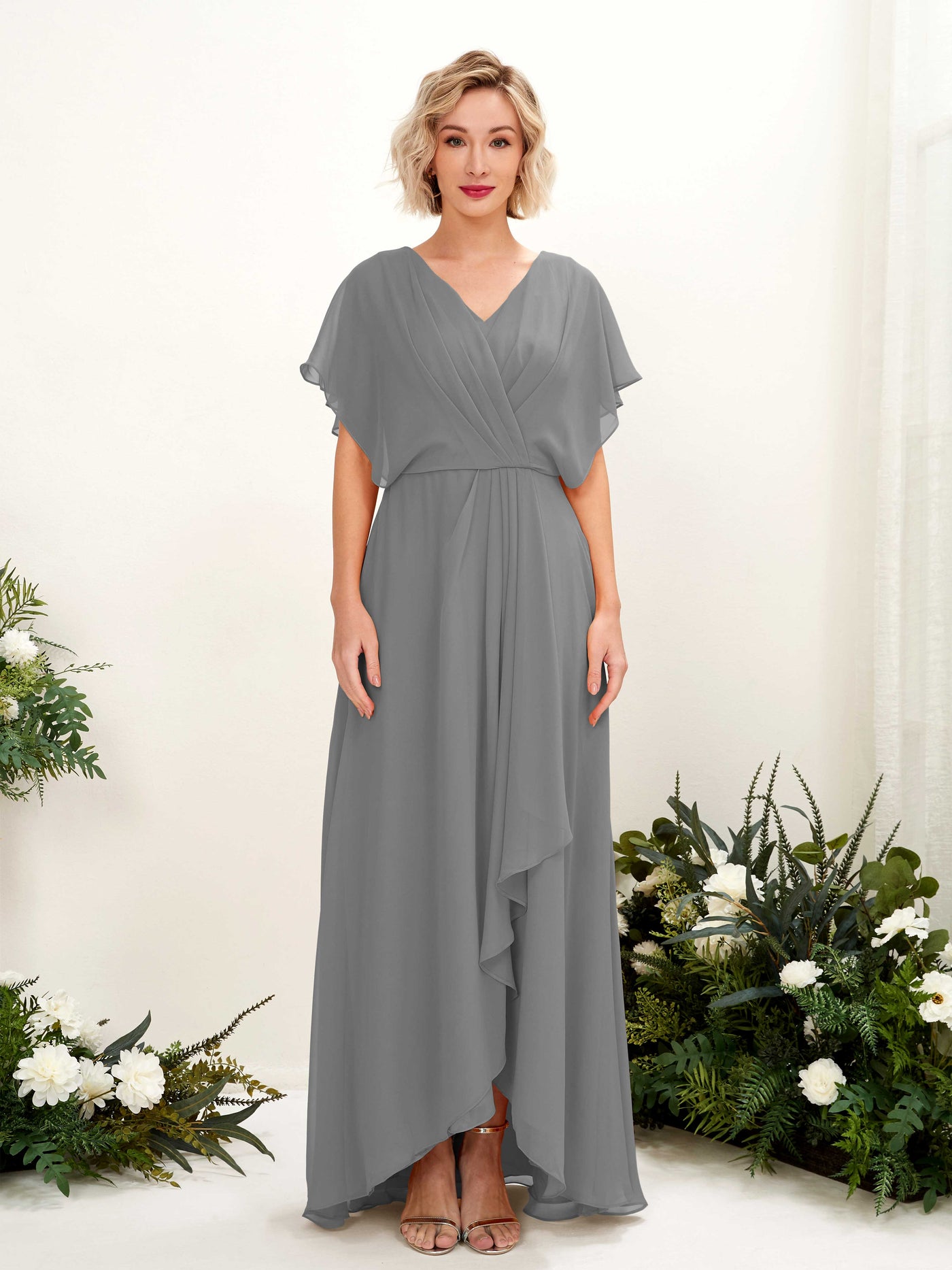 Carlyna A-Linien-Kleid V-Ausschnitt Flatterärmel Bodenlang Brautjungfernkleid Stahlgrau #farbe_stahlgrau