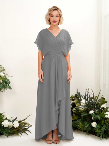 Carlyna A-Linien-Kleid V-Ausschnitt Flatterärmel Bodenlang Brautjungfernkleid Stahlgrau #farbe_stahlgrau