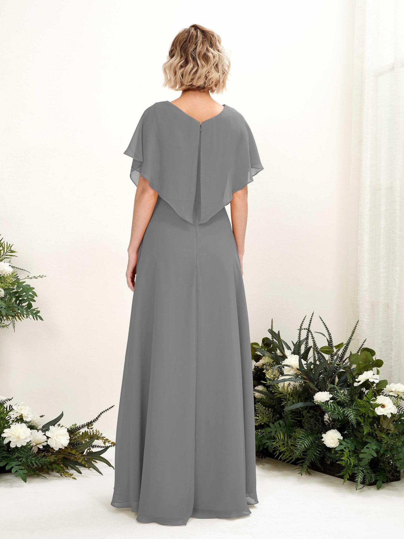 Carlyna A-Linien-Kleid V-Ausschnitt Flatterärmel Bodenlang Brautjungfernkleid Stahlgrau #farbe_stahlgrau