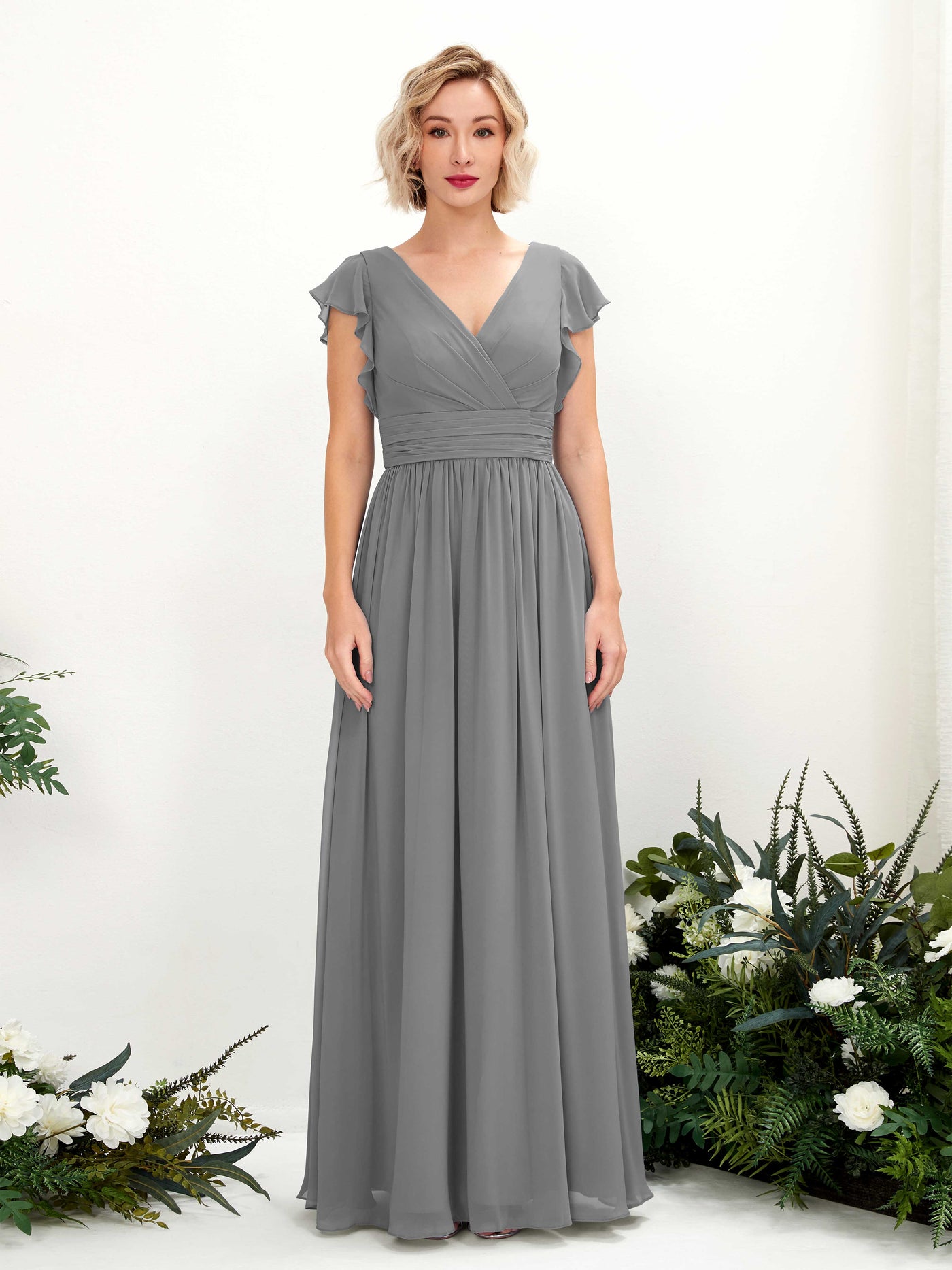 Carlyna A-Linien-Kleid V-Ausschnitt Flatterärmel Bodenlang Brautjungfernkleid Stahlgrau #farbe_stahlgrau