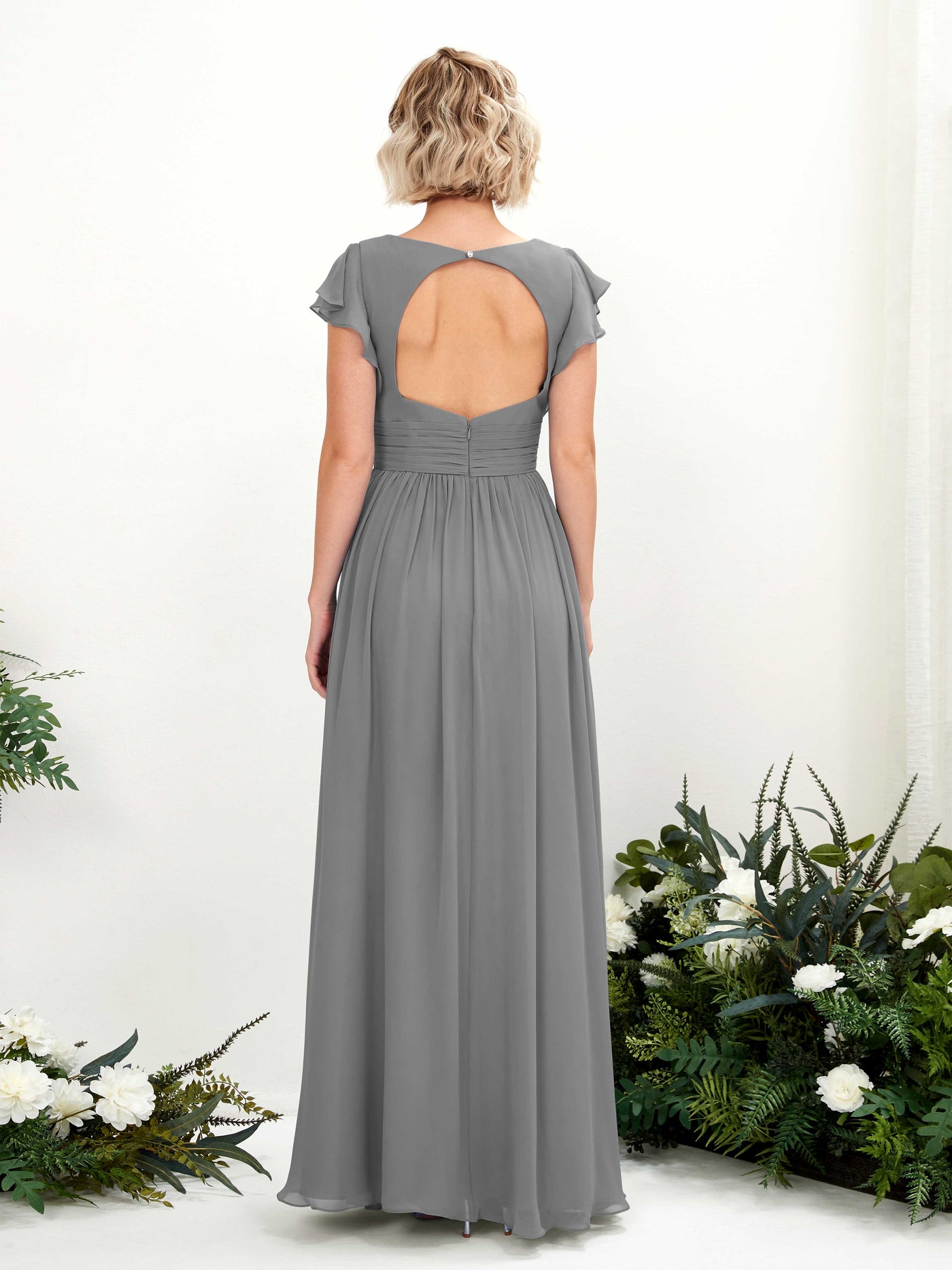 Carlyna A-Linien-Kleid V-Ausschnitt Flatterärmel Bodenlang Brautjungfernkleid Stahlgrau #farbe_stahlgrau